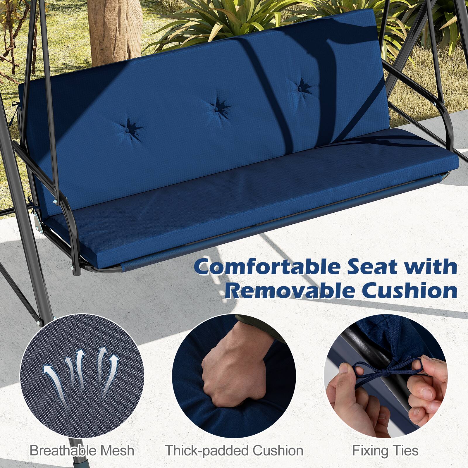 Comfortable Seat with Removable Cushion  
Breathable Mesh  
Thick-padded Cushion  
Fixing Ties