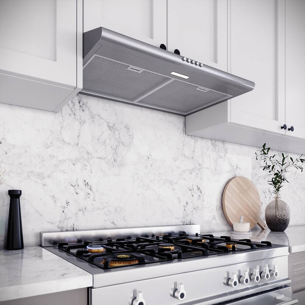 Back. Streamline - 30 in. Giovanni Convertible Undermount 80 CFM Range Hood, Mesh Filters, Push Button Control, LED Light - Brushed Stainless Steel.