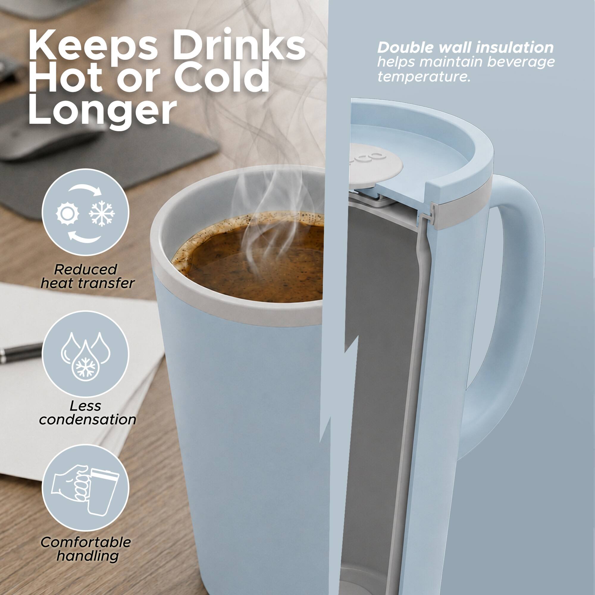 Keeps Drinks Hot or Cold Longer

Double wall insulation helps maintain beverage temperature.

Reduced heat transfer

Less condensation

Comfortable handling