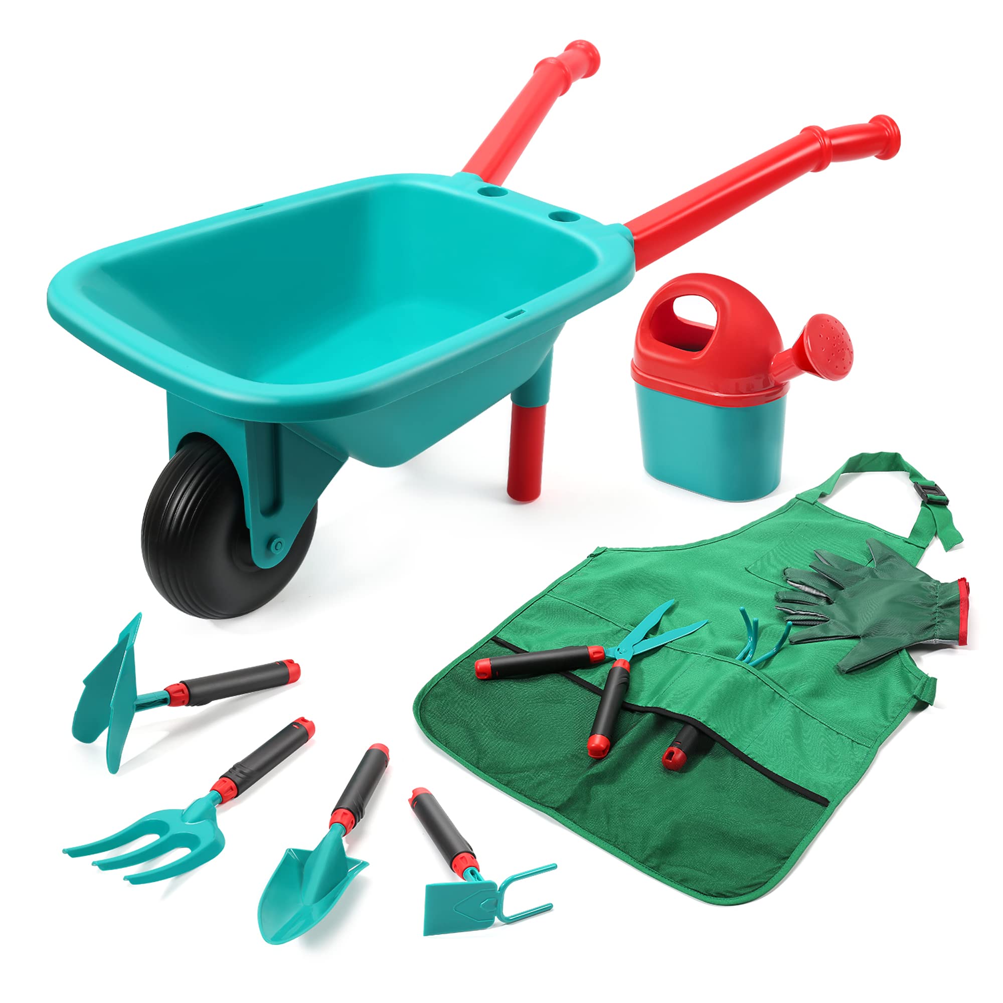 Front. CUTE STONE - Kids Gardening Tool Set with Wheelbarrow, Watering Can, Garden Tools, Gloves and Apron, Ages 3+ - GREEN.