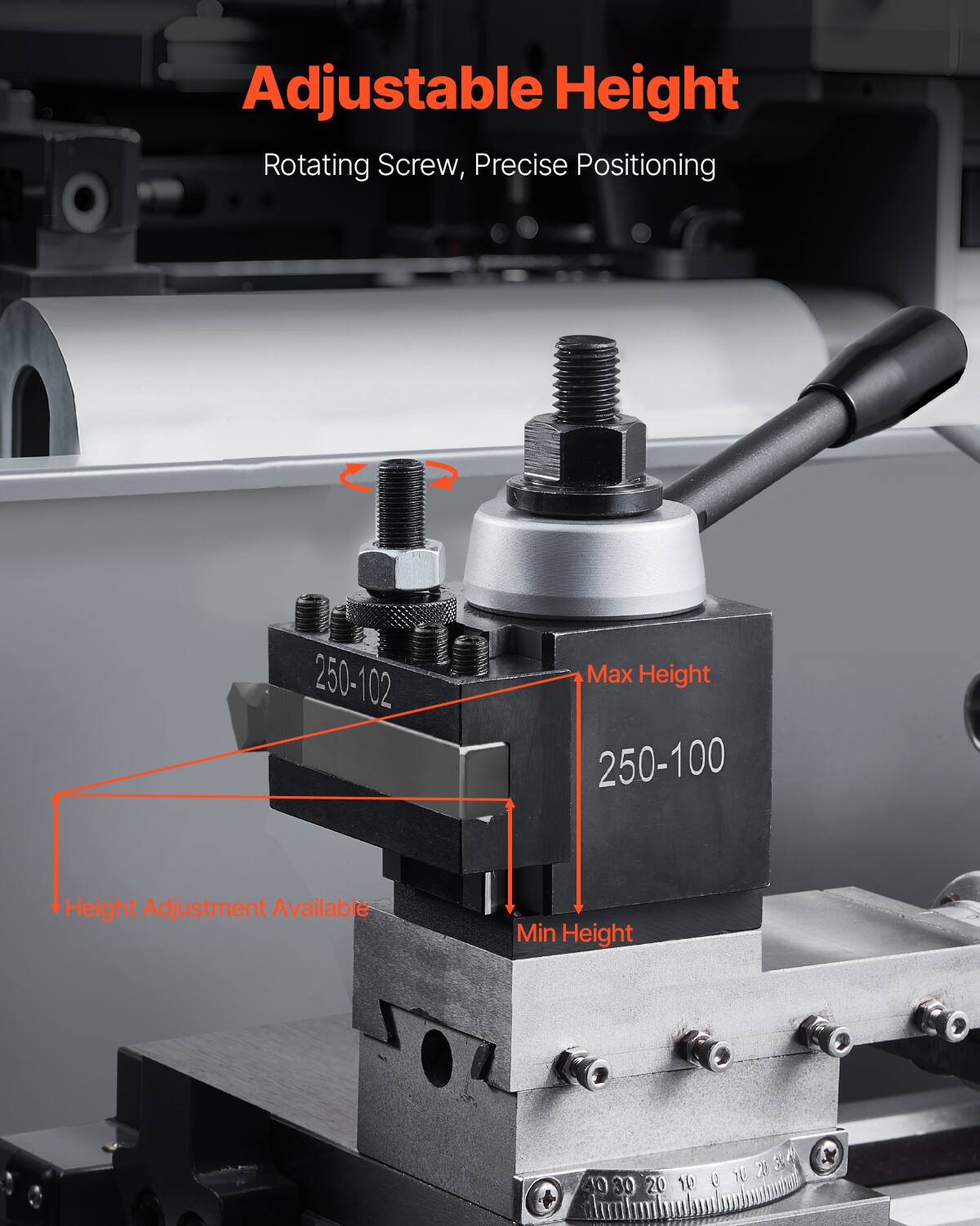 Adjustable Height Rotating Screw, Precise Positioning  
Max Height: 250-100  
Height Adjustment Available  
Min Height: 10