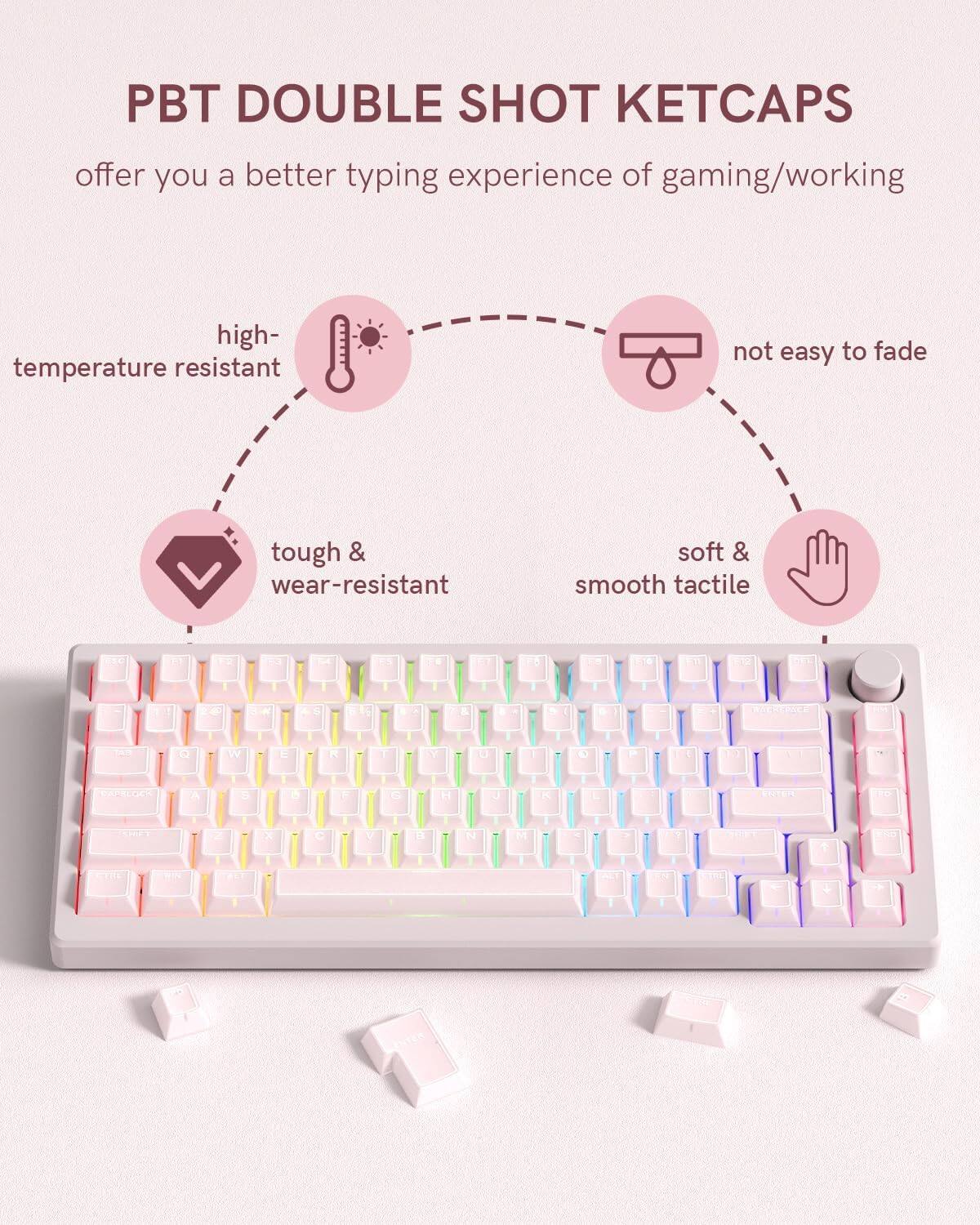 PBT DOUBLE SHOT KETCAPS  
offer you a better typing experience of gaming/working  

- high-temperature resistant  
- not easy to fade  
- tough & wear-resistant  
- soft & smooth tactile