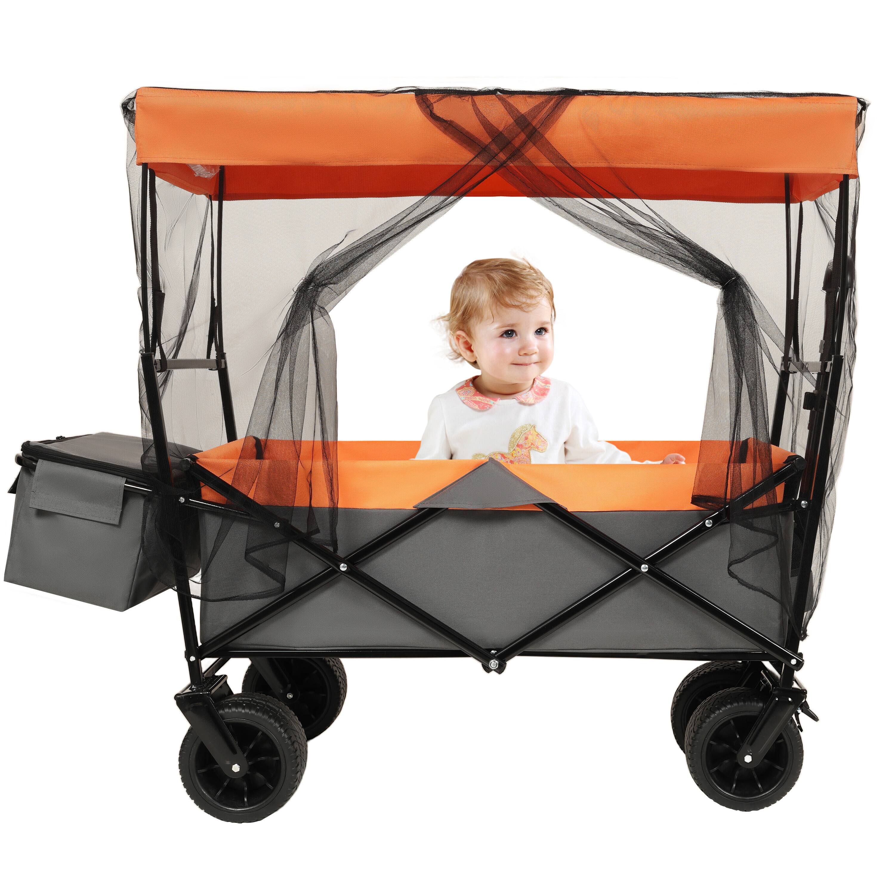 Alt View 4. Mondawe - 480lbs Collapsible Wagon Utility Carts w/ Mosquito Net, Ice Pack, Removable Canopy - Orange.