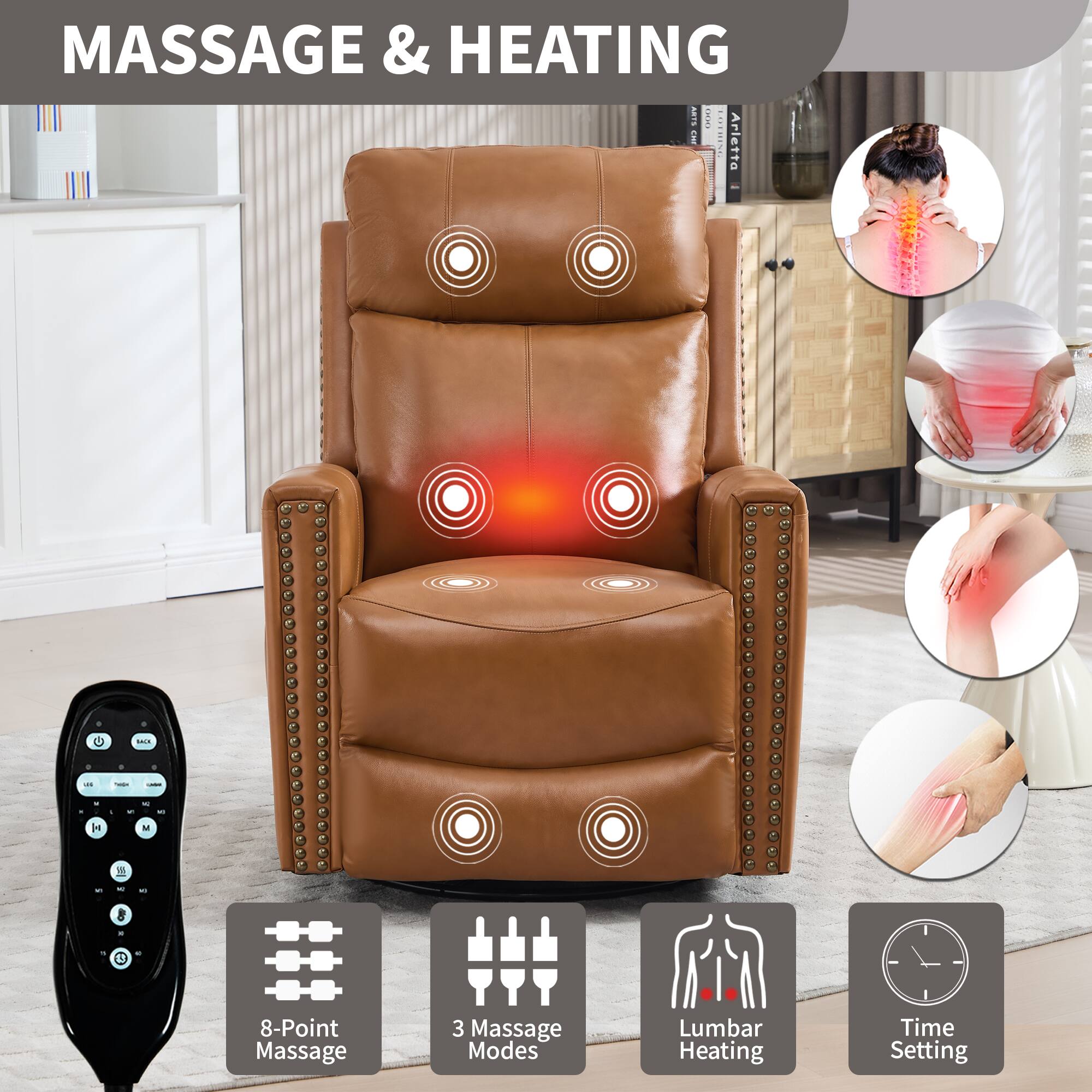 MASSAGE & HEATING

- 8-Point Massage
- 3 Massage Modes
- Lumbar Heating
- Time Setting