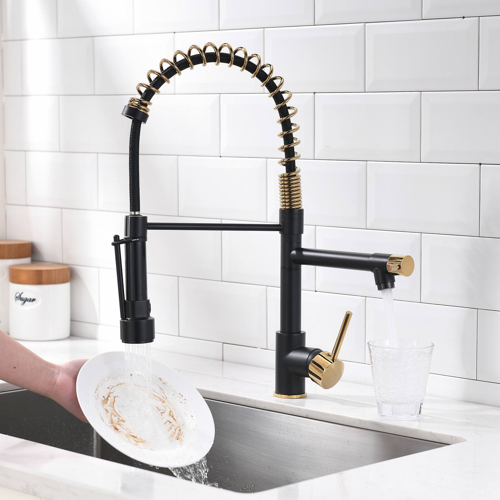Back. Siljoy - Commercial Kitchen Faucet with Pull Down Sprayer, Single Handle Single Lever Kitchen Sink Faucet - Black+Gold.