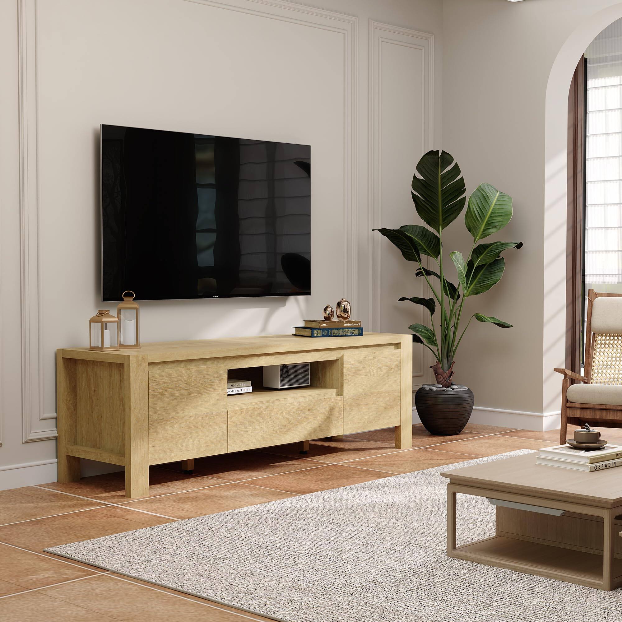 Angle. GAOMON - GAOMON 55" Farmhouse TV Stand for 60" TVs, Entertainment Center with Doors, Adjustable Shelves & Storage Cabinet - Natural.