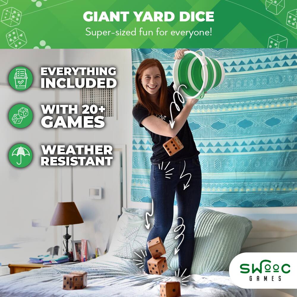 GIANT YARD DICE  
Super-sized fun for everyone!

- EVERYTHING INCLUDED  
- WITH 20+ GAMES  
- WEATHER RESISTANT  

SWOOC GAMES