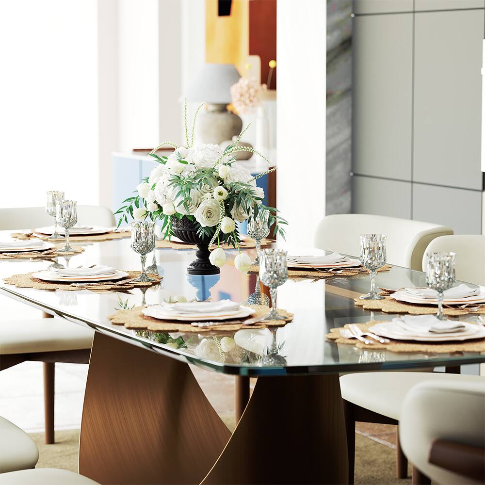 Alt View 2. POVISON - 71" Modern Glass  Long Dining Table for 6, Transparent Glass for Kitchen, Bronze Stainless Steel Pedestal Kitchen Table - Transparent.