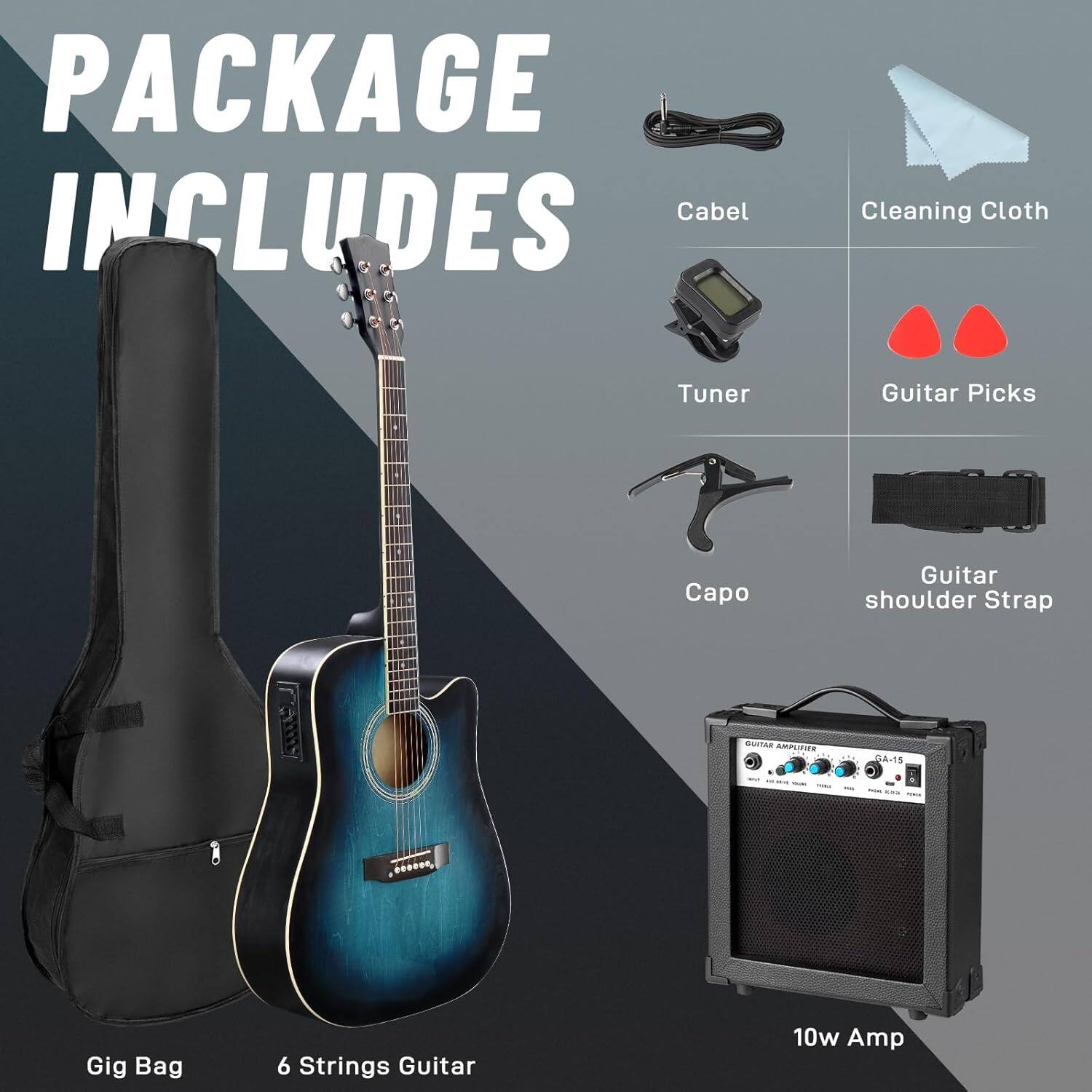 PACKAGE INCLUDES

- Cable
- Cleaning Cloth
- Tuner
- Guitar Picks
- Capo
- Guitar shoulder Strap
- Gig Bag
- 6 Strings Guitar
- 10w Amp