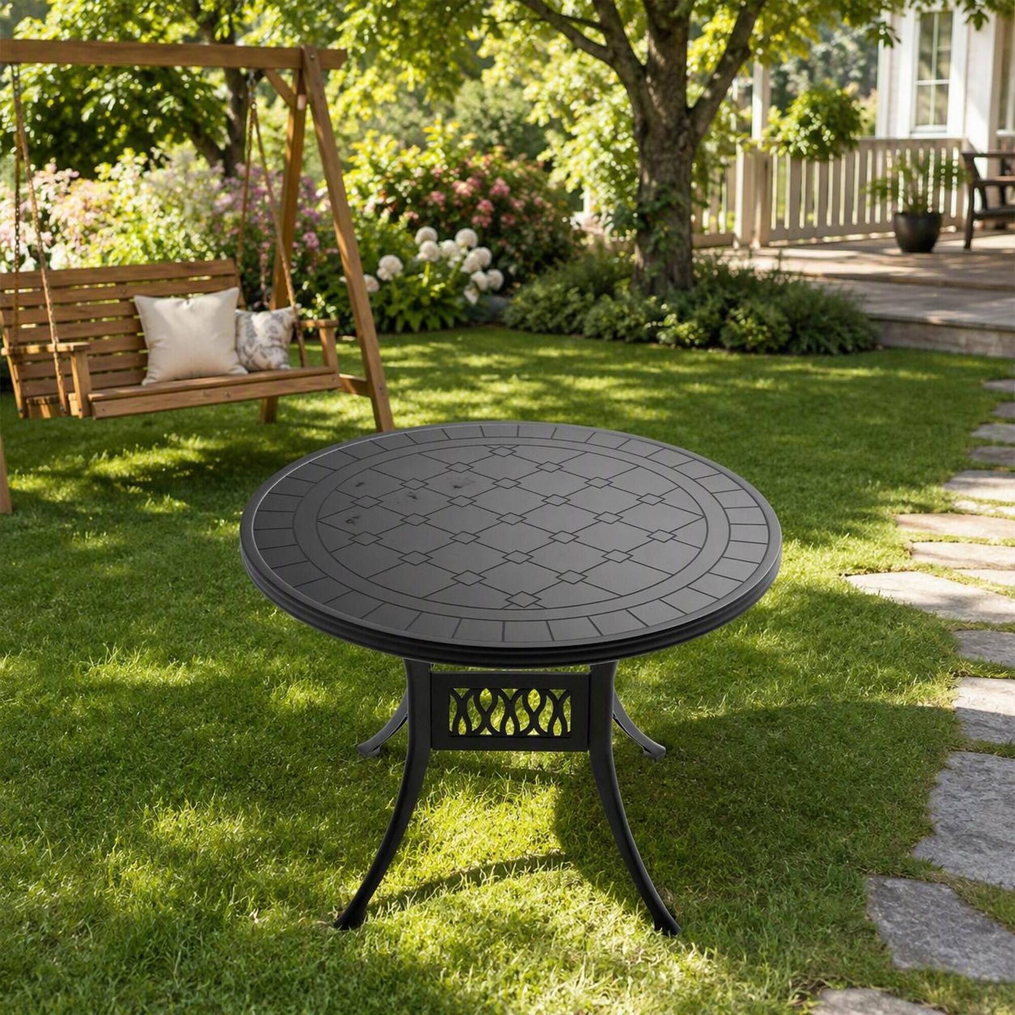 Alt View 2. RYHNUYNE - Round Cast Aluminum Patio Dining Table,39.37" Black Outdoor Bistro Table for Garden Deck Balcony - Black.