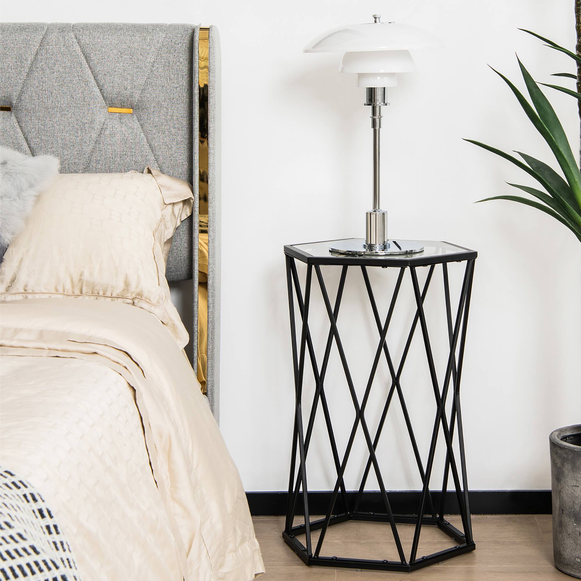 Alt View 2. Costway - Costway End Table Tempered Glass Top Metal Frame Hexagonal Accent Side Table Living Room - Black.