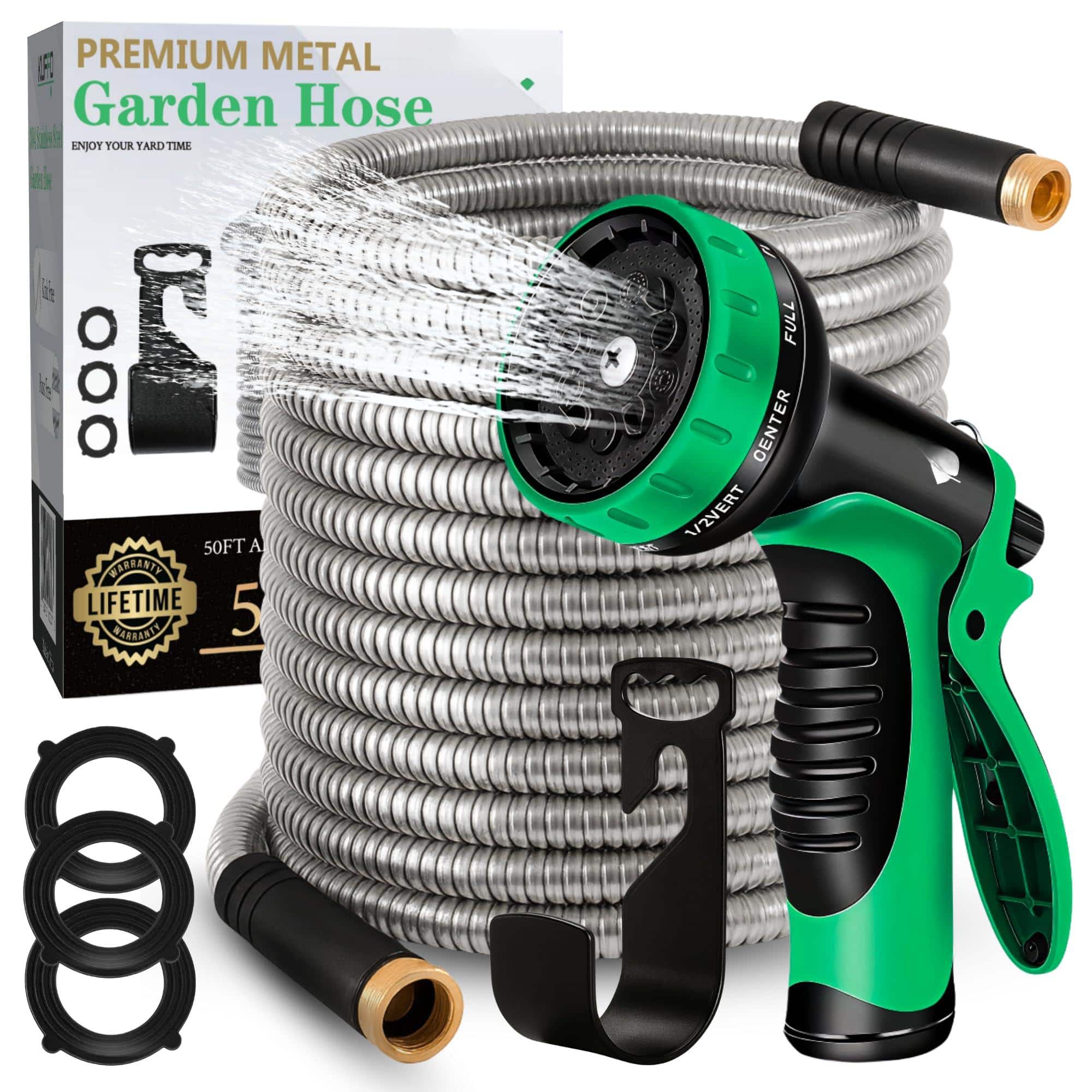 JETRANSPORT - Metal Garden Hose 50 Ft - Heavy Duty Stainless Steel 304 Water With 10 Function Nozzle Flexible Lightweight P - 100 ft