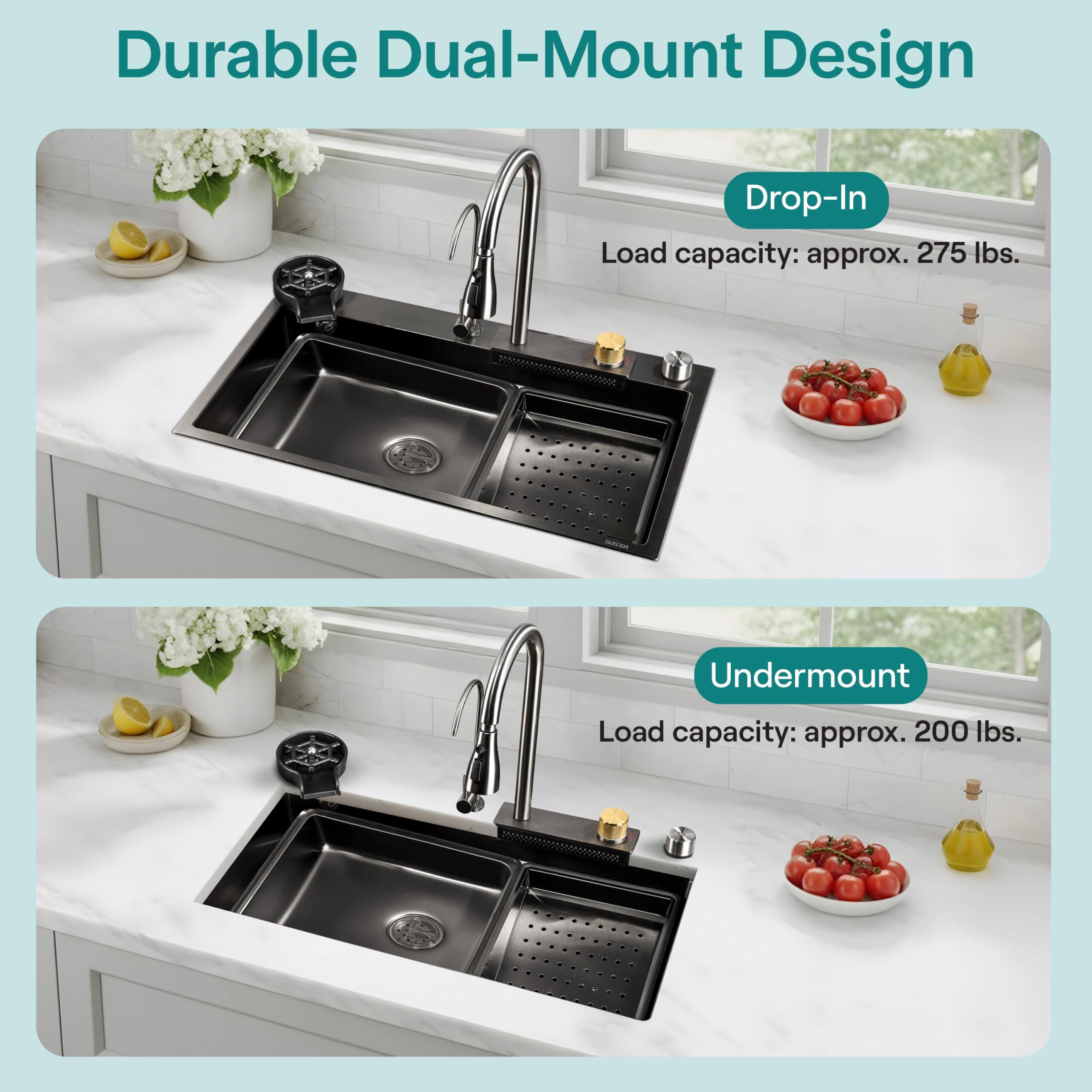 Durable Dual-Mount Design

Drop-In  
Load capacity: approx. 275 lbs.

Undermount  
Load capacity: approx. 200 lbs.
