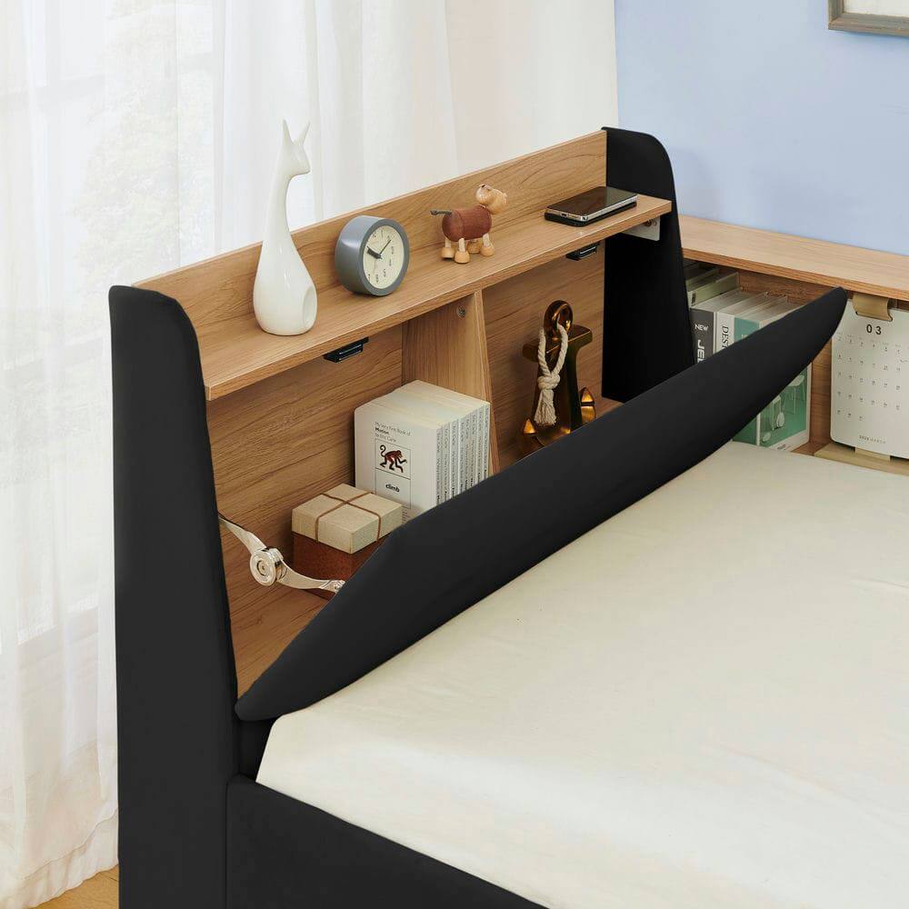 Left. Kadyn - Twin Size Upholstered Velvet Daybed with Storage Headboard, Wireless Charging, 2 Drawers & LED Lights - Black.