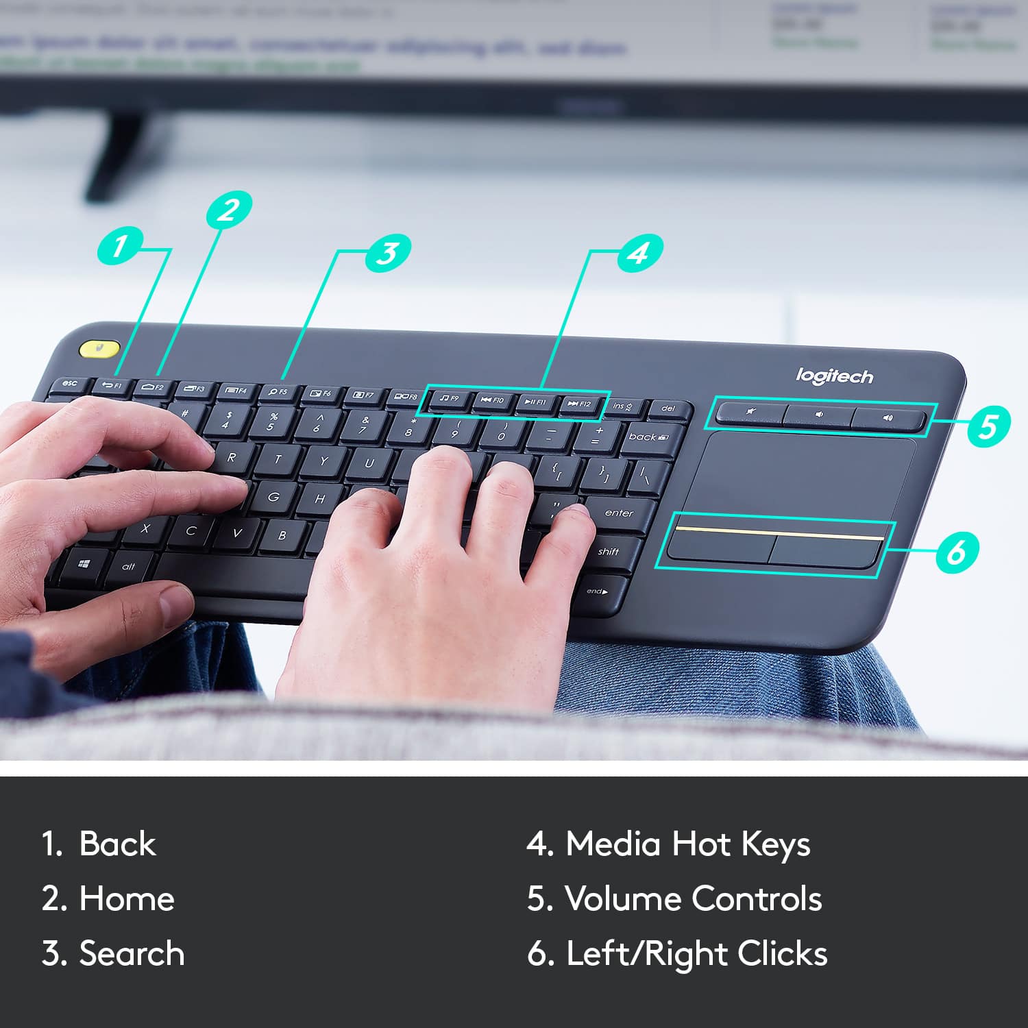 1. Back
2. Home
3. Search
4. Media Hot Keys
5. Volume Controls
6. Left/Right Clicks