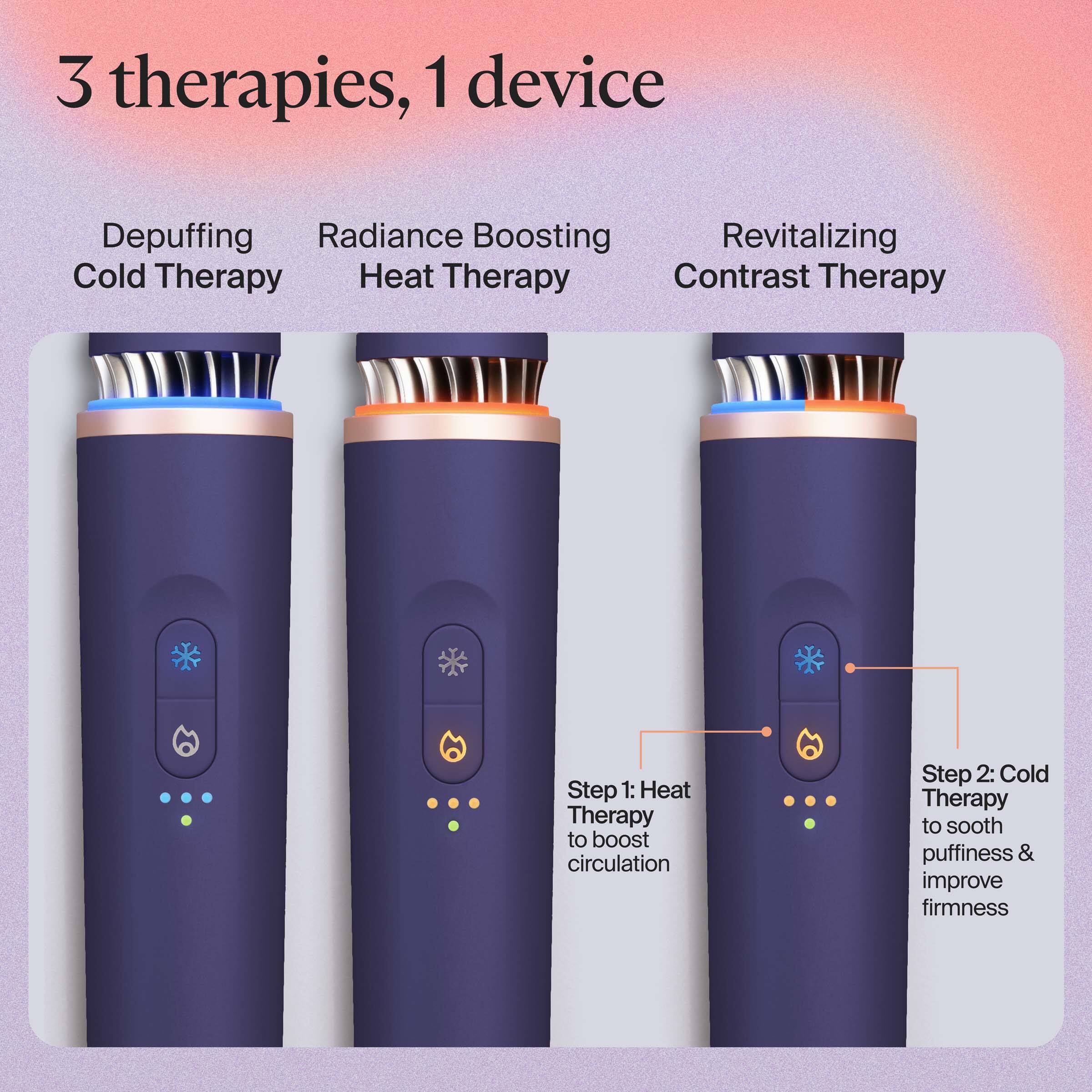 3 therapies, 1 device

Depuffing Cold Therapy  
Radiance Boosting Heat Therapy  
Revitalizing Contrast Therapy

Step 1: Heat Therapy to boost circulation  
Step 2: Cold Therapy to soothe puffiness & improve firmness
