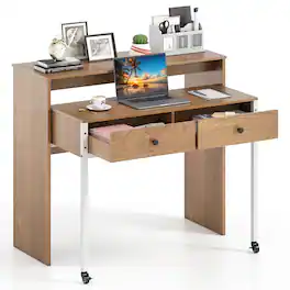 Costway - 39.5" Expandable Rolling Computer Desk with Monitor Shelf 2-tier Desktop 2 Drawers - Natural