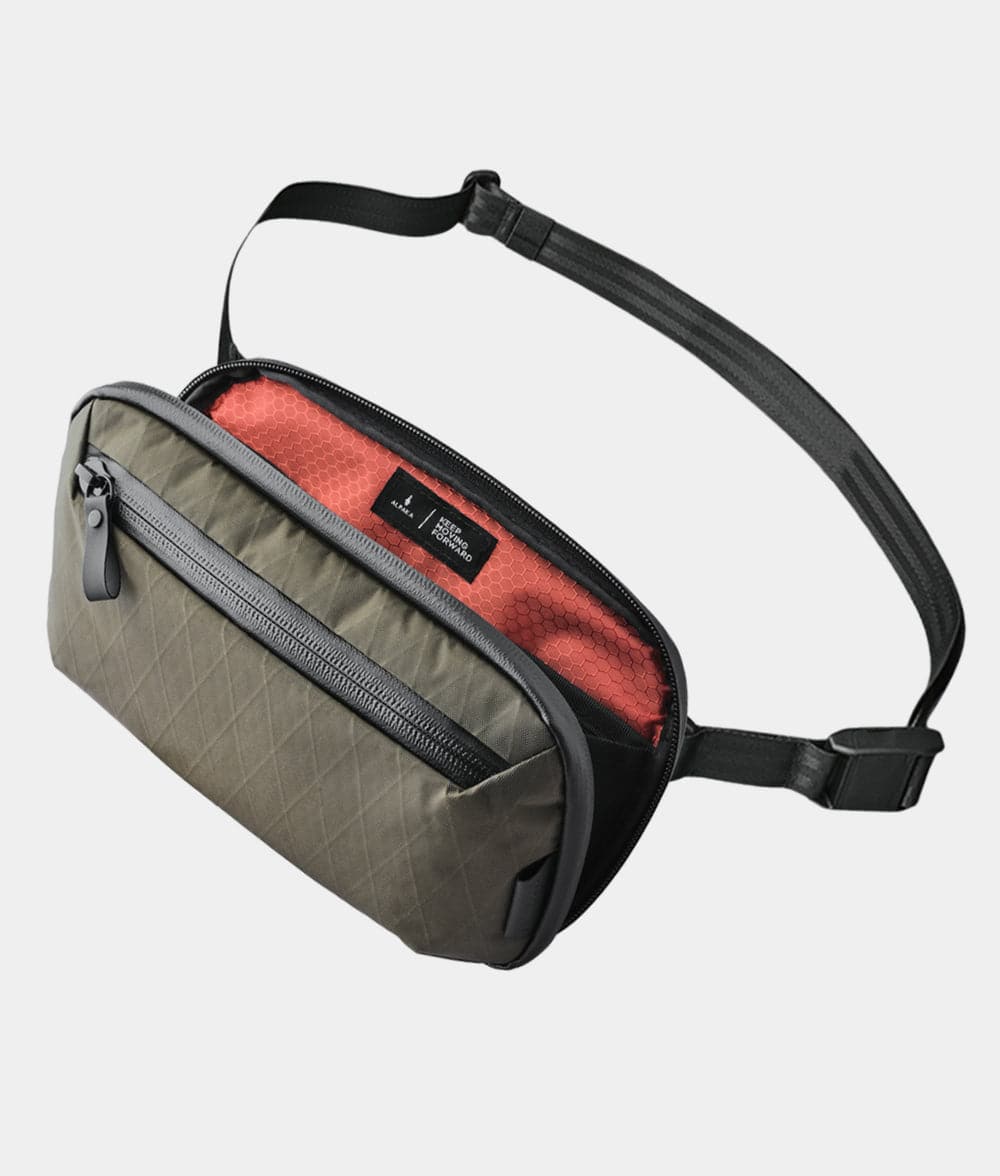 ALPAKA - Tech Organizer Sling Bag 1.5L with Strap, Accordion Opening, 9 Pockets, Fits Kindle, Weatherproof Fabric, YKK Zippers - Olive Green X-Pac VX42
