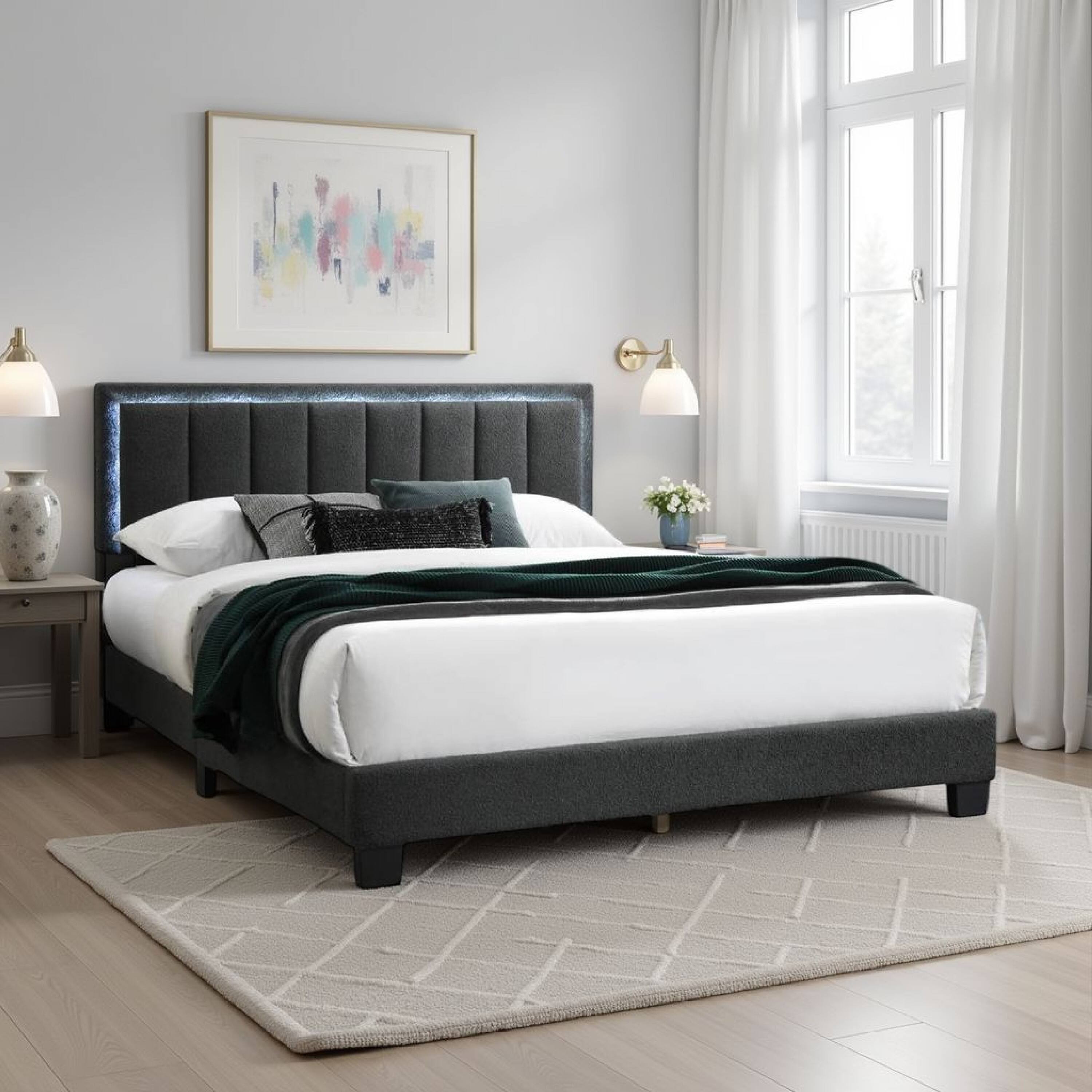 Alt View 5. Manhattan Lane - Zemo Queen Size Bed, LED Headboard, Charcoal Gray Wool Upholstery - Charcoal Gray, Black.