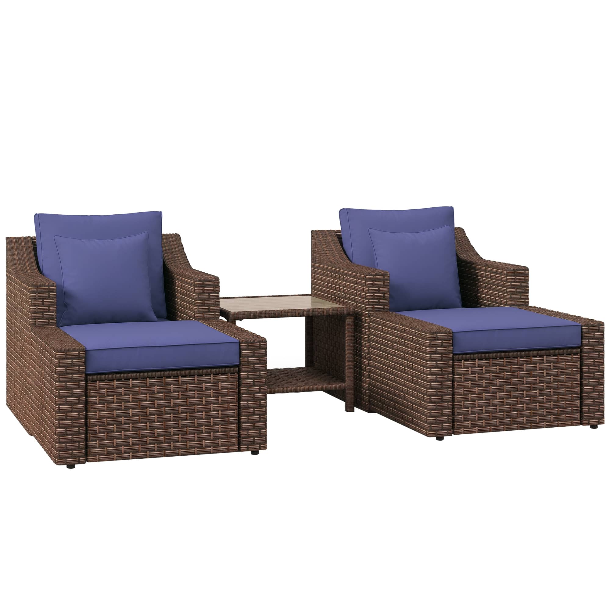 Outsunny - 5 Piece Patio Furniture Set, All Weather PE Rattan Conversation Chair, and Ottoman Set with Coffee Table - Dark Blue
