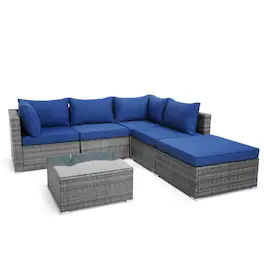 Kadyn - 6 Pcs Outdoor Rattan Sofa Set with Seat and Back Cushions-Navy, Patio Seating Conversation - Blue
