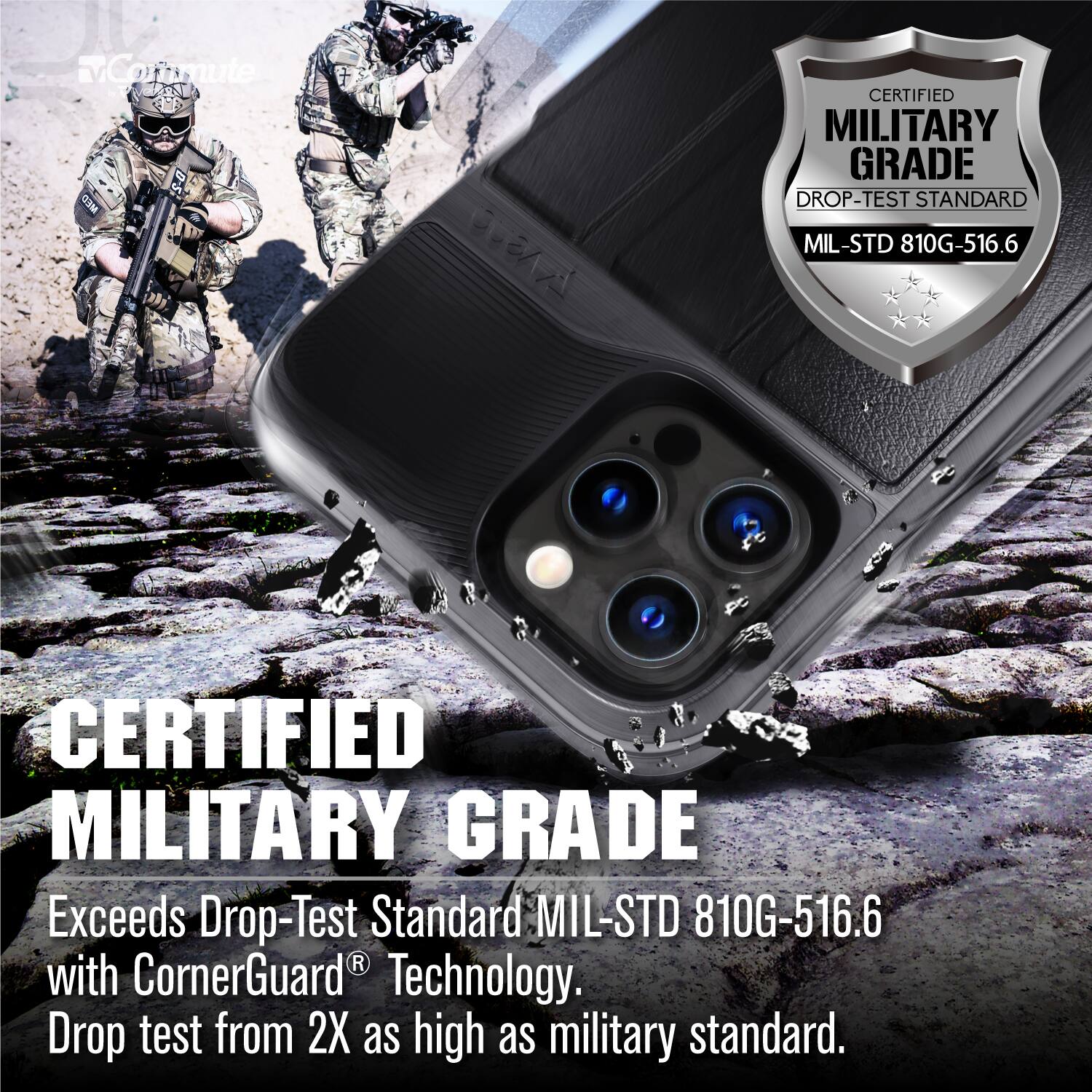 Commute S8 MED CERTIFIED MILITARY GRADE DROP-TEST STANDARD MIL-STD 810G-516.6 CERTIFIED MILITARY GRADE Exceeds Drop-Test Standard MIL-STD 810G-516.6 with CornerGuard Technology. Drop test from 2X as high as military standard.