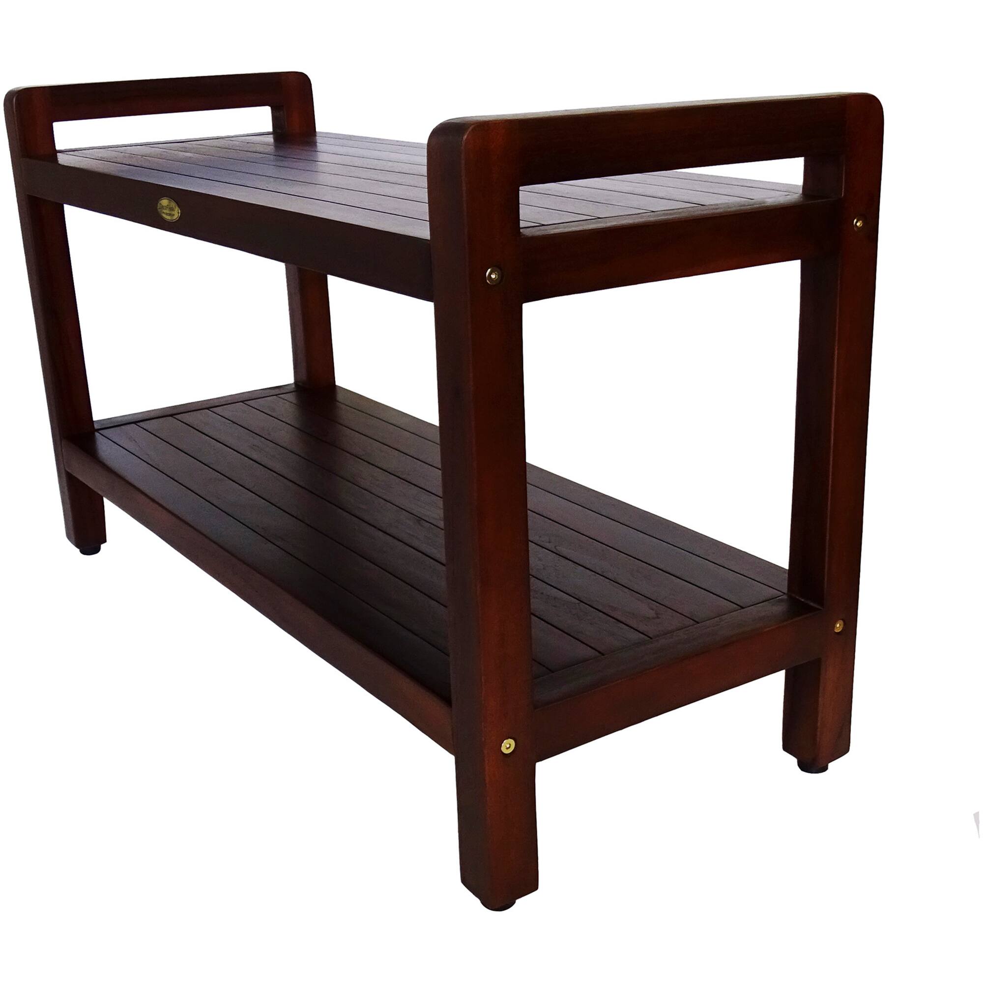 Left. DecoTeak - DecoTeak Eleganto 35"L Teak Wood Shower Bench with LiftAide Arms and Shelf in Woodland Brown Finish - Woodland Brown.