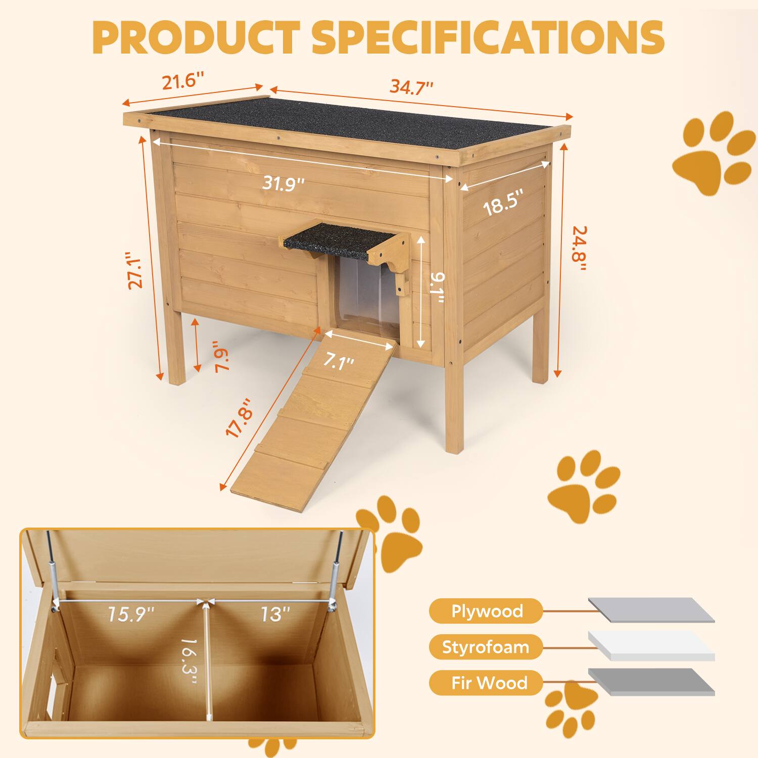 PRODUCT SPECIFICATIONS

- 21.6"
- 34.7"
- 27.1"
- 31.9"
- 9.1"
- 18.5"
- 24.8"
- 7.9"
- 17.8"
- 7.1"
- 15.9"
- 16.3"
- 13"

Plywood  
Styrofoam  
Fir Wood