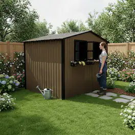Anysun - 6x9 FT Outdoor Metal Storage Shed with Window & Flower Rack – Lockable Double Doors Tool Shed, Waterproof Weatherproof - Brown
