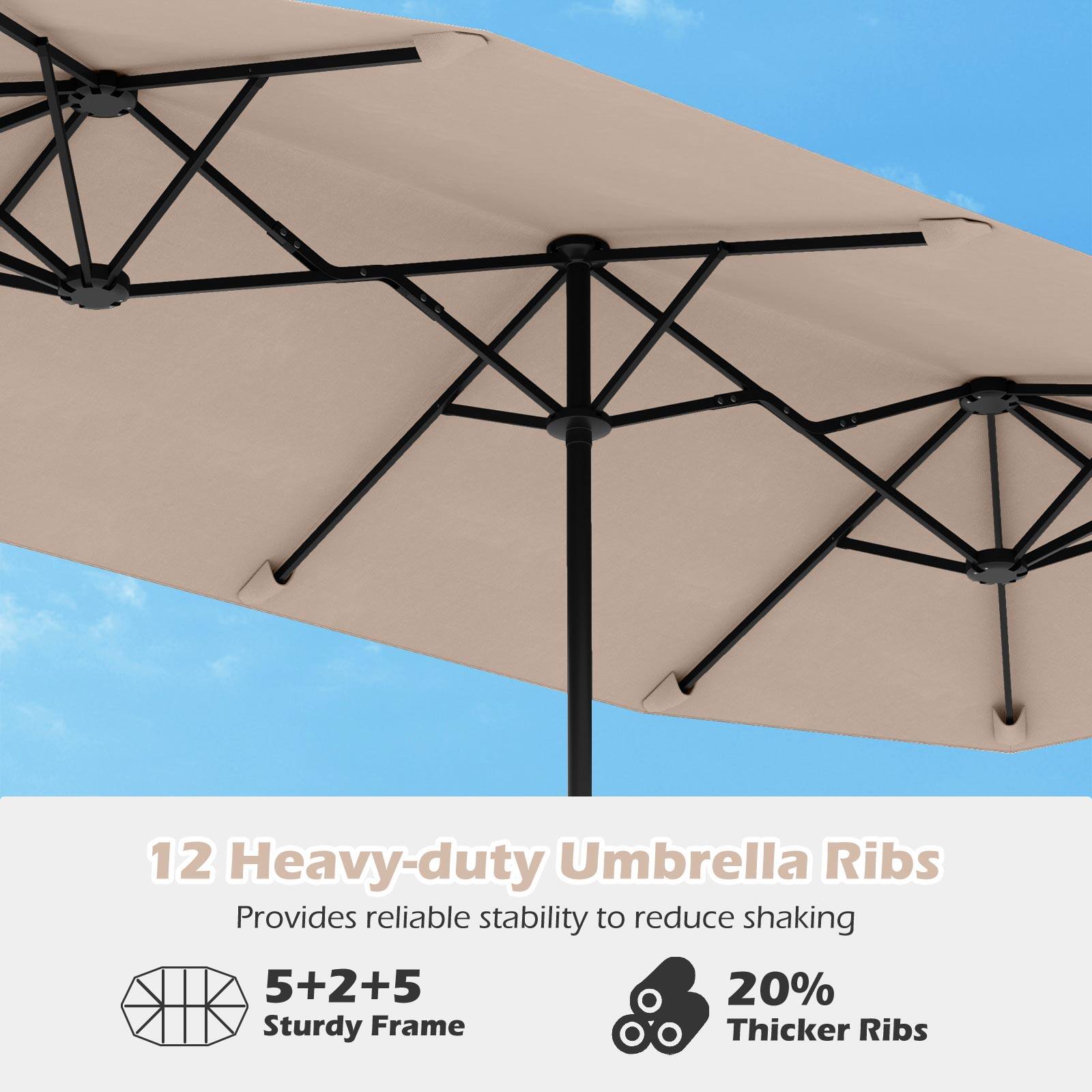 12 Heavy-duty Umbrella Ribs, Provides reliable stability to reduce shaking, 5+2+5, 20% Thicker Ribs, Sturdy Frame
