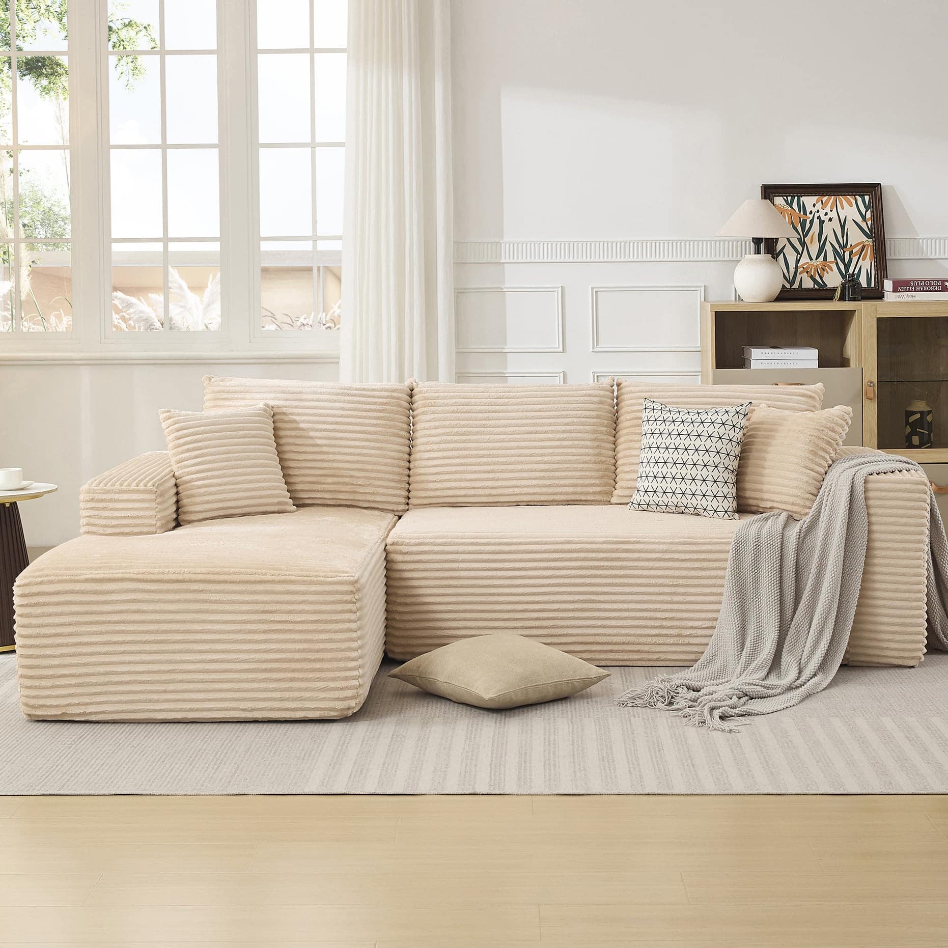 Acekool - 108" Sectional Couches for Living Room, L-Shaped Plush Corduroy Fabric Upholstered Modular Sectional Couches - Beige