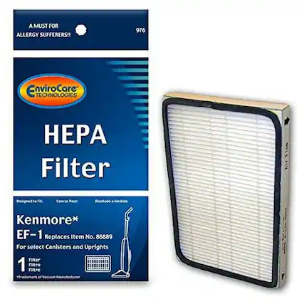 A MUST FOR ALLERGY SUFFERERS!!
976 EnviroCare TECHNOLOGIES HEPA Filter
Designed to fit:
Kenmore* EF-1 Replaces Item No. 86889
For select Canisters and Uprights
1 Filter
*Trademark of Vacuum Manufacturer