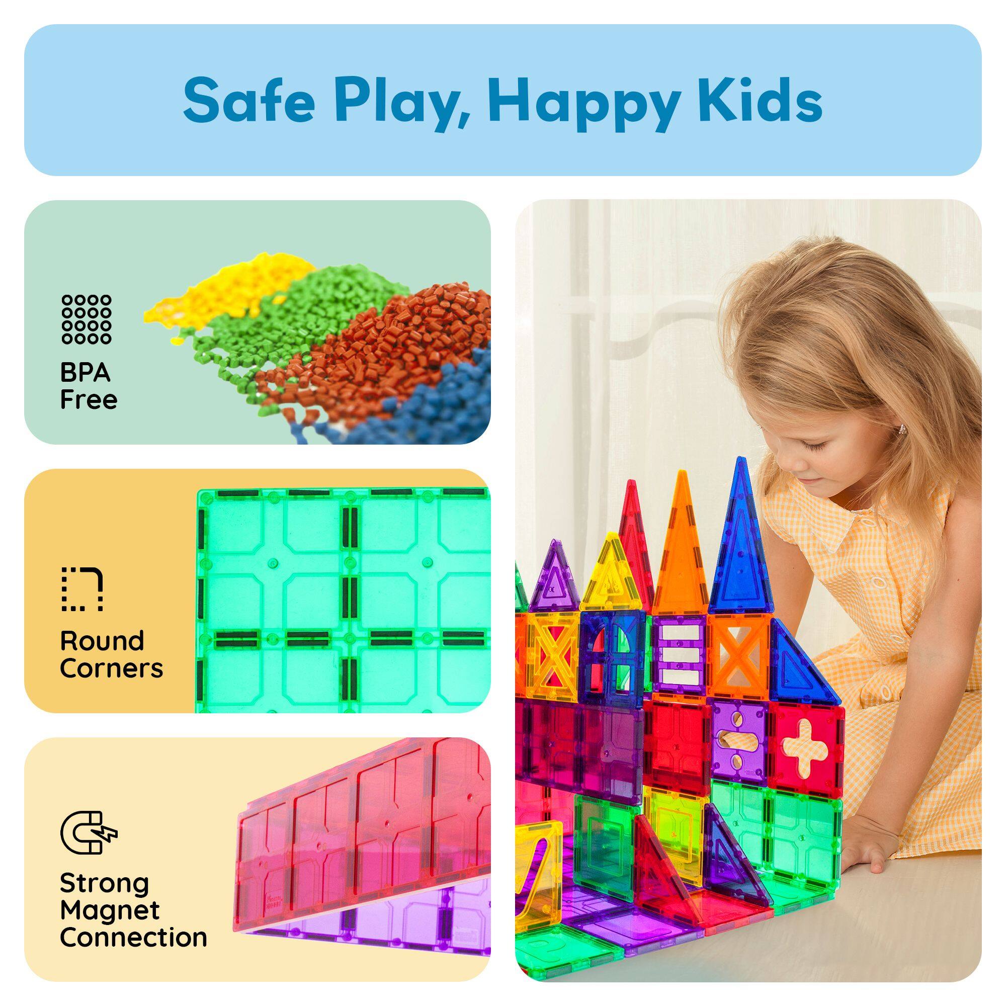 Safe Play, Happy Kids

- BPA Free
- Round Corners
- Strong Magnet Connection