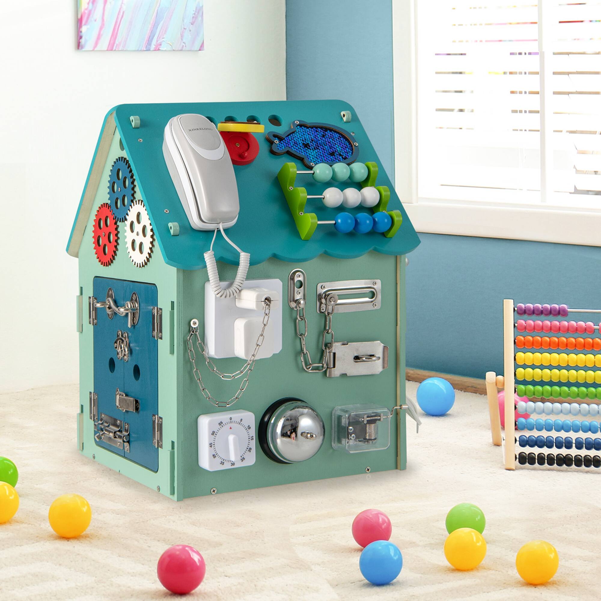 Alt View 3. Costway - Costway Wooden Busy House Montessori Toy with Sensory Games & Interior Storage Space - Blue.