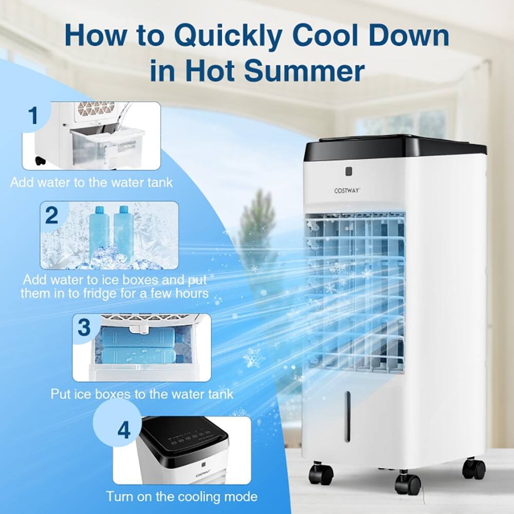 How to Quickly Cool Down in Hot Summer

1. Add water to the water tank
2. Add water to ice boxes and put them in the fridge for a few hours
3. Put ice boxes to the water tank
4. Turn on the cooling mode