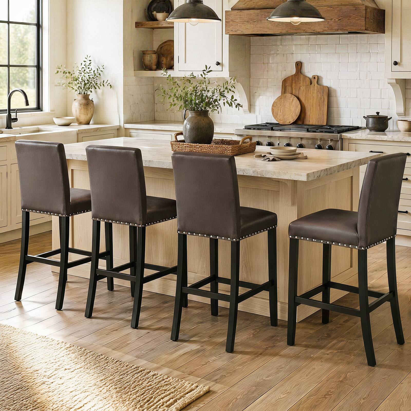 Alt View 1. Gymax - Gymax 4PCS Upholstered Bar Stool25.5'' Counter Height PVC Leather Accent Bar Chairs Brown - Brown.