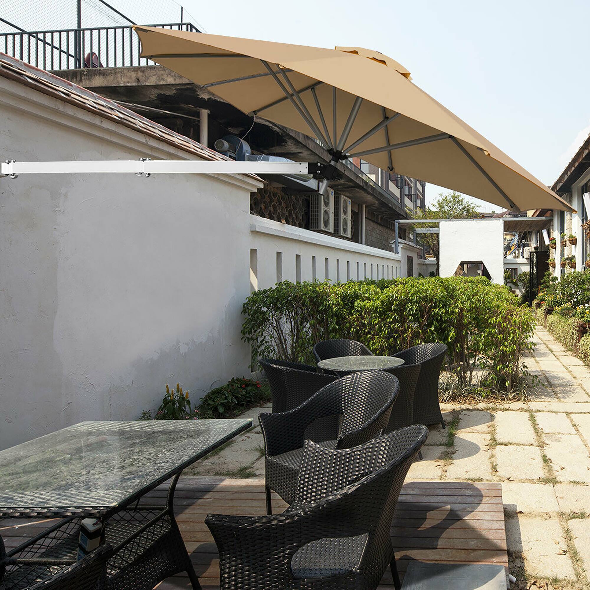 Alt View 1. Costway - Costway 8ft Wall-Mounted Umbrella Telescopic Folding Tilt Sun Shade - Beige.