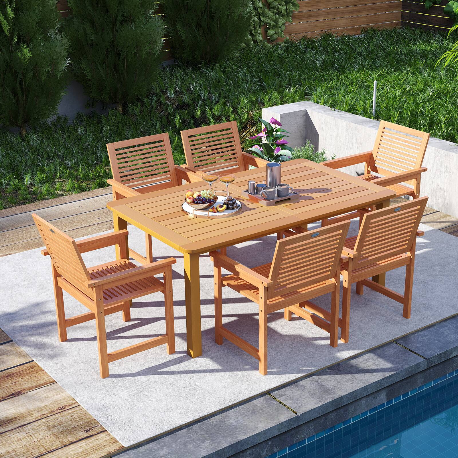 Alt View 1. Gymax - Gymax 7-Piece Patio Wood Dining Table Set Outdoor Rectangular Table and 6 Armchairs - Natural.