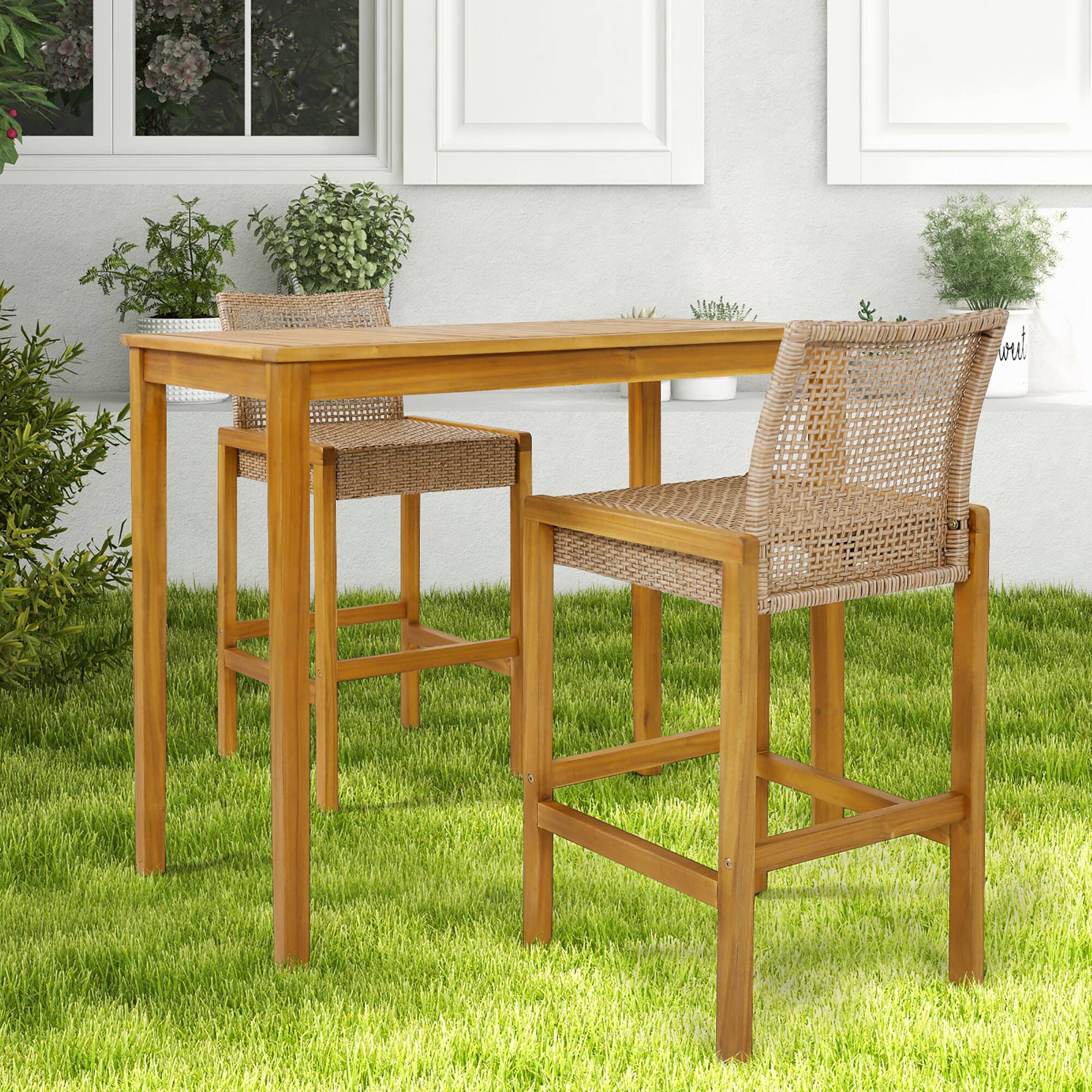 Alt View 1. Gymax - Gymax Wicker Bar Stools Set of 2 Patio Chairs w/ Solid Wood Frame Ergonomic Footrest Light Brown - Light Brown, Teak.