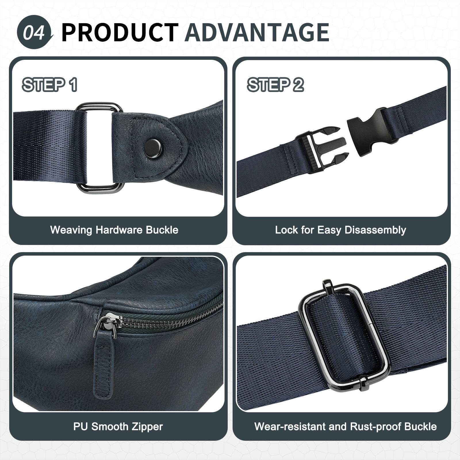 04 PRODUCT ADVANTAGE

STEP 1  
Weaving Hardware Buckle

STEP 2  
Lock for Easy Disassembly

PU Smooth Zipper

Wear-resistant and Rust-proof Buckle