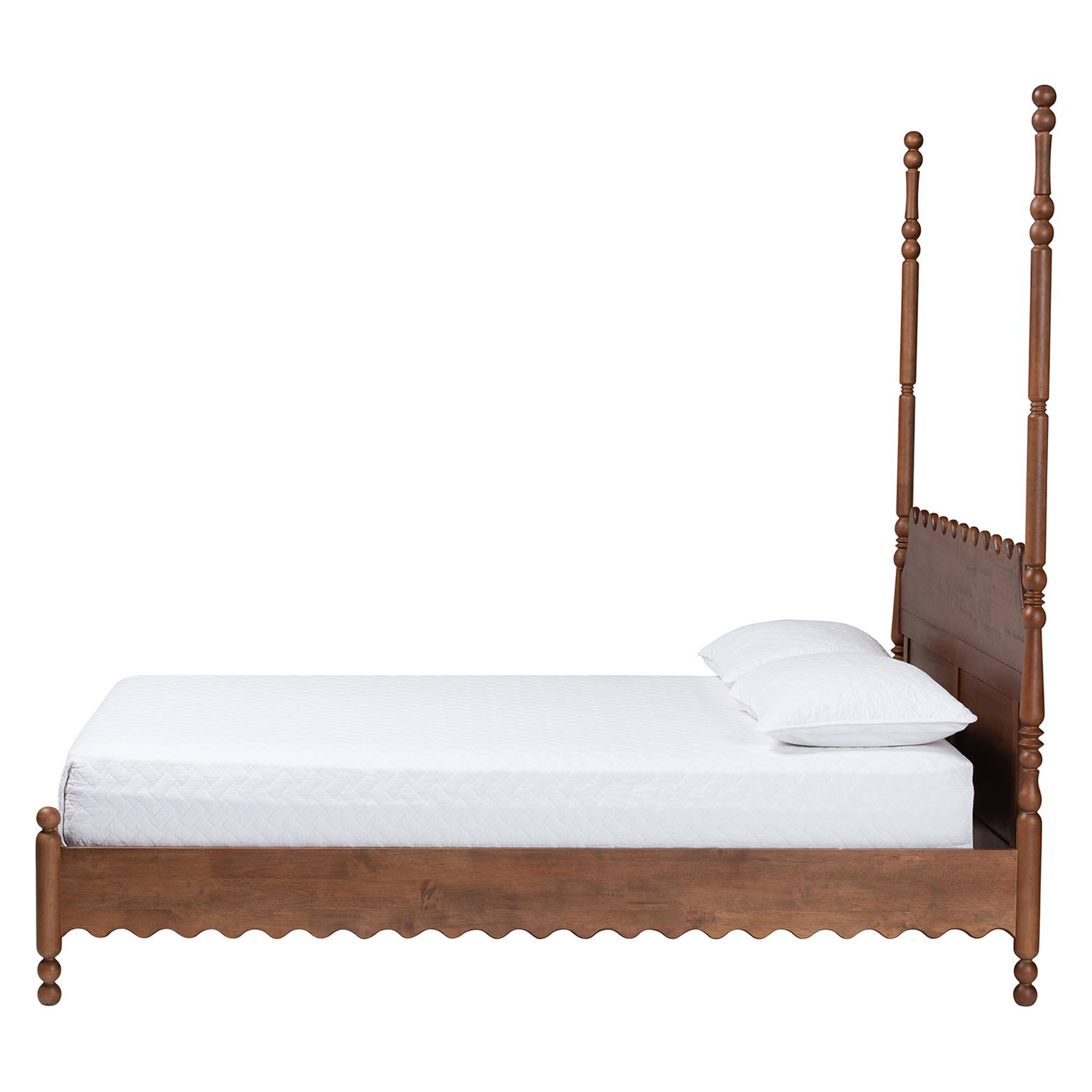 Angle. Baxton Studio - Hoffman Platform Bed - Farmhouse Bed Frame with Scalloped Design and Turned Posts, Queen - Walnut Brown.
