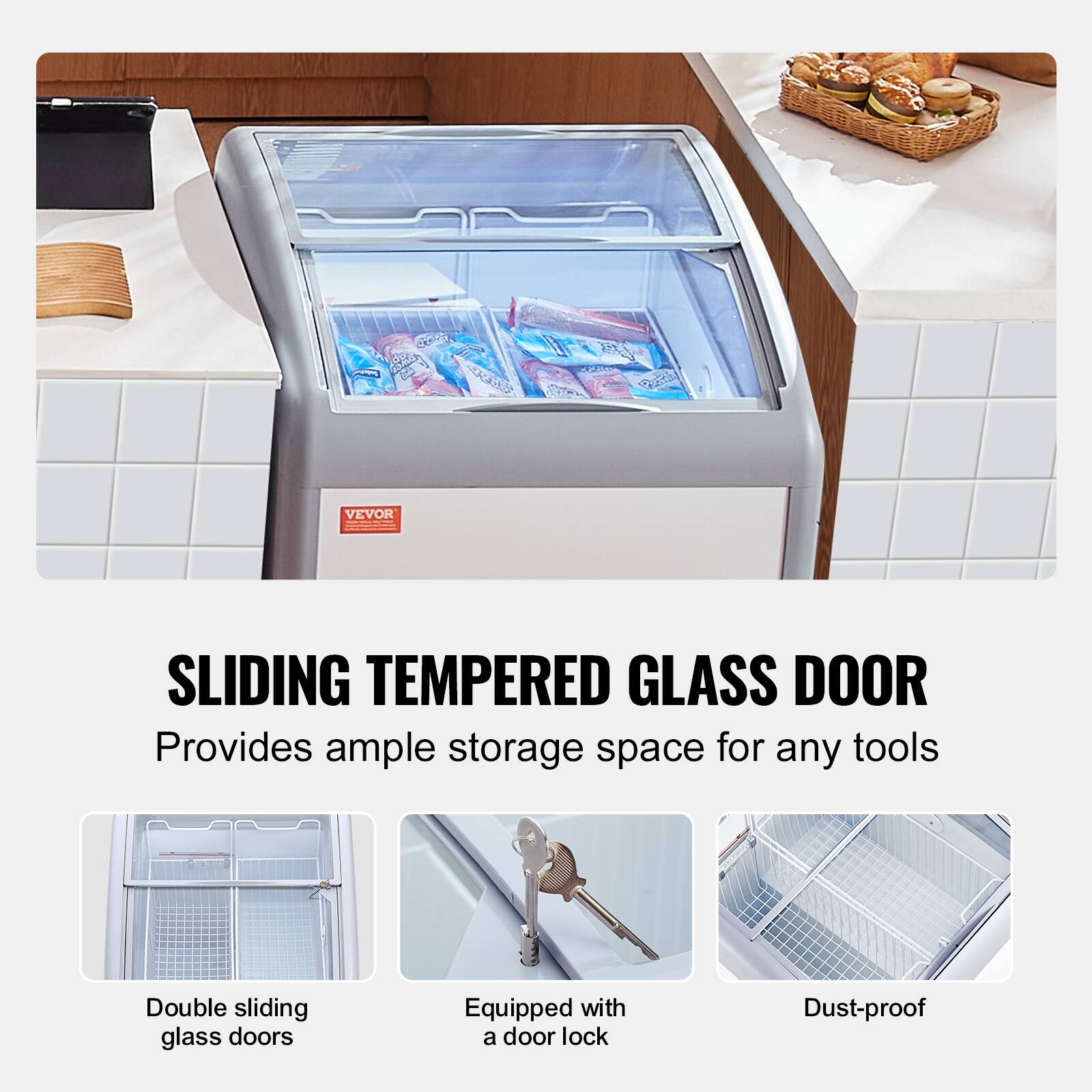 VEVOR SLIDING TEMPERED GLASS DOOR
Provides ample storage space for any tools
Double sliding glass doors
Equipped with a door lock
Dust-proof