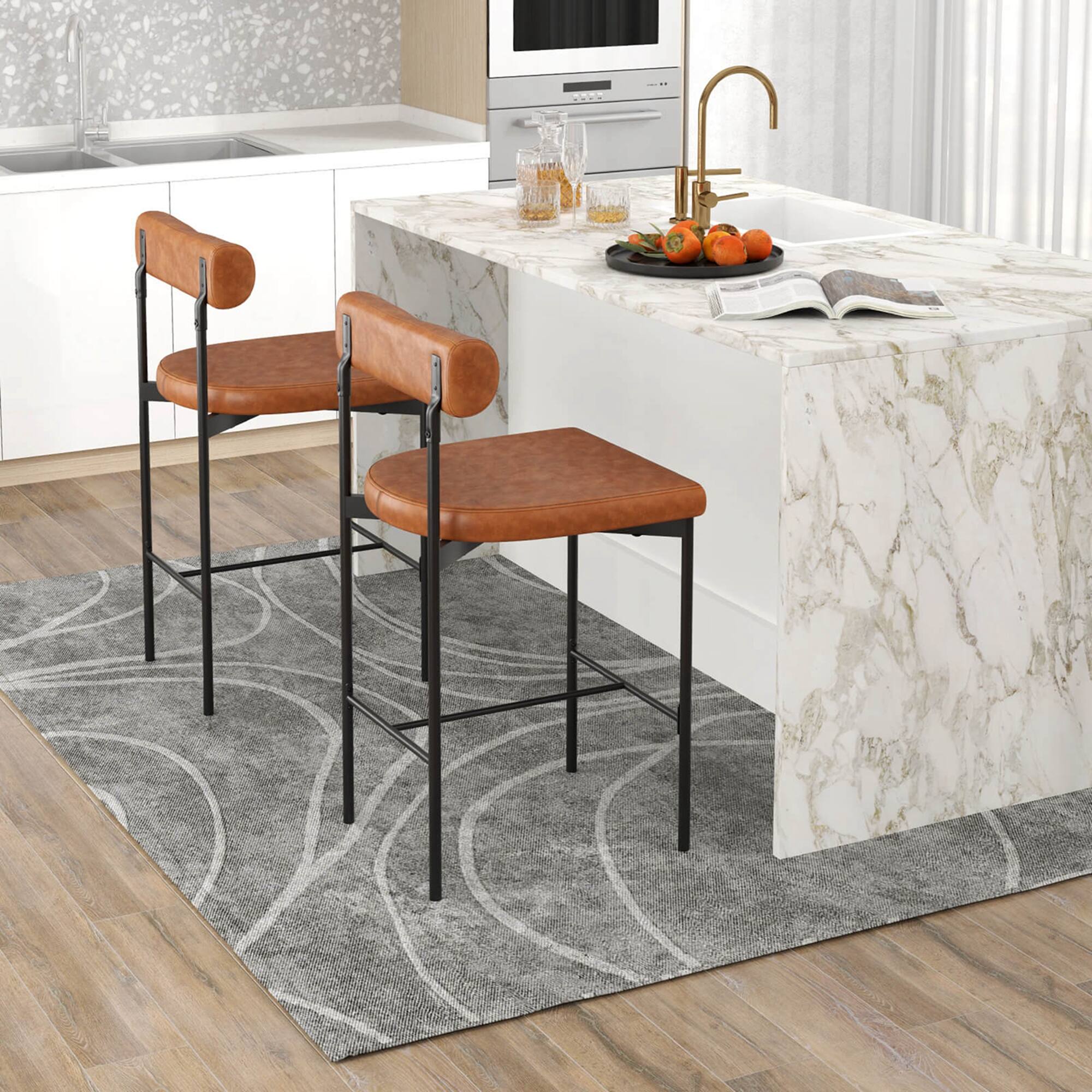 Alt View 3. Costway - 26" Upholstered Bar Stools Set of 2 with Padded Cushion & Backrest Footrest - Brown.