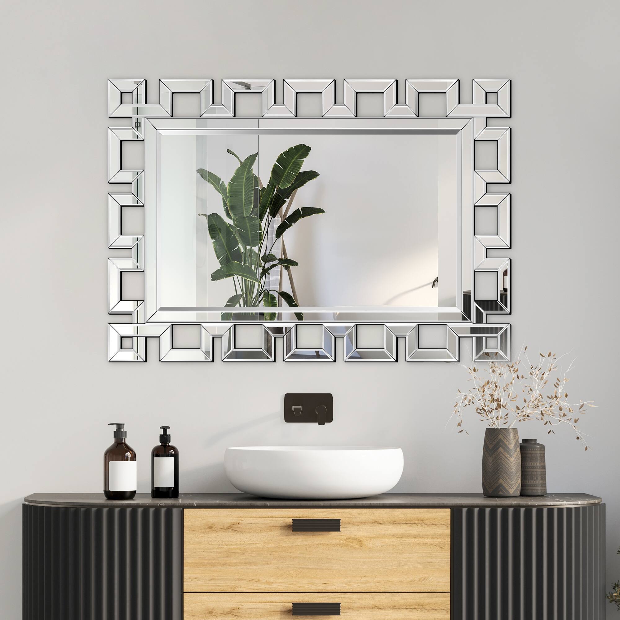 Left. Breezary - 36 x 24 Modern Rectangle Wall Mirror Beveled Crystal Hollow Frame Decorative Vanity for Bathroom Bedroom Living Room - Black.