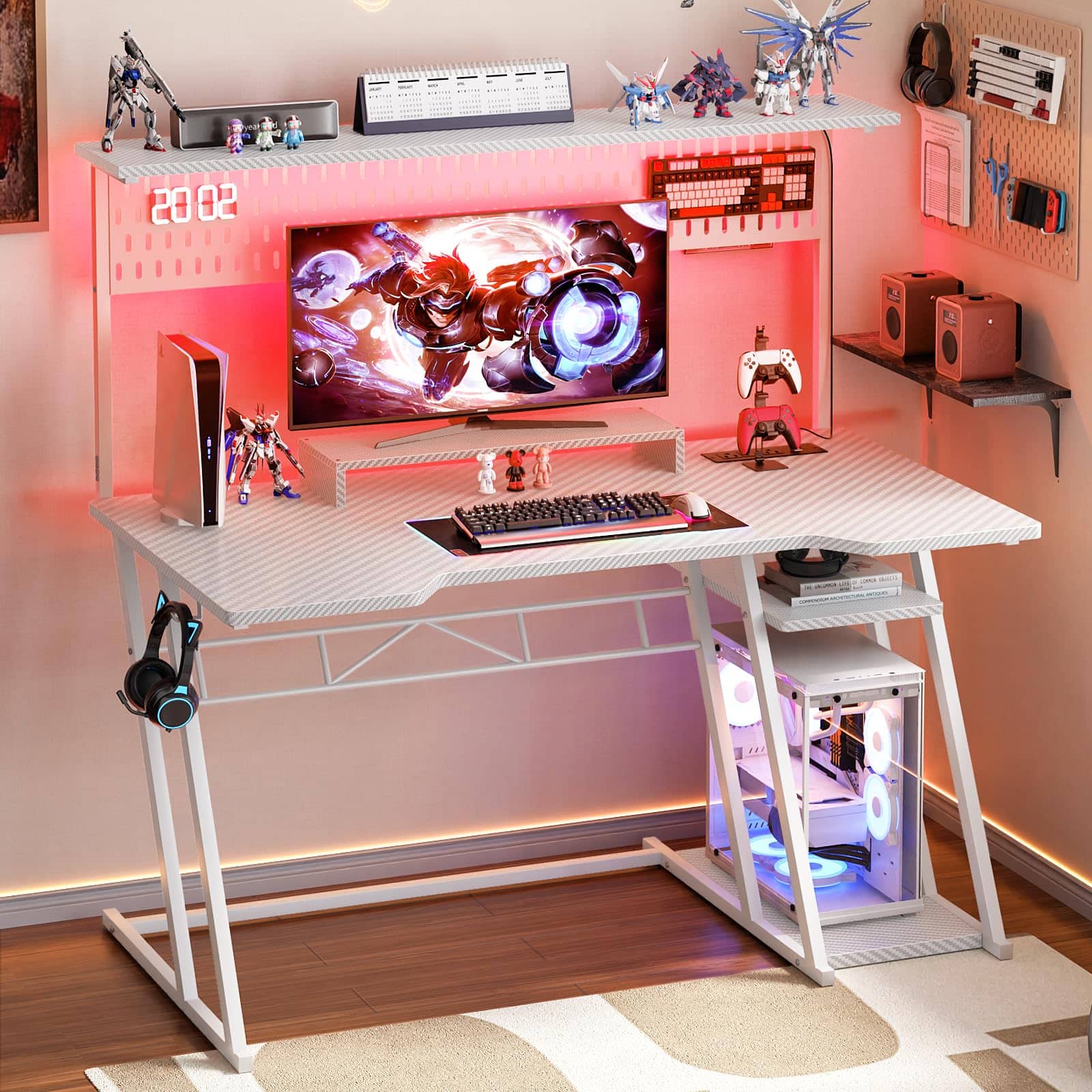 Aheaplus - 47" Reversible Gaming Desk with Power Outlets, LED Lights, Hutch and Pegboard - White