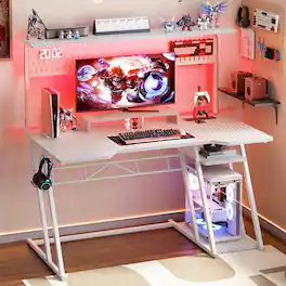 Aheaplus - 47" Reversible Gaming Desk with Power Outlets, LED Lights, Hutch and Pegboard - White
