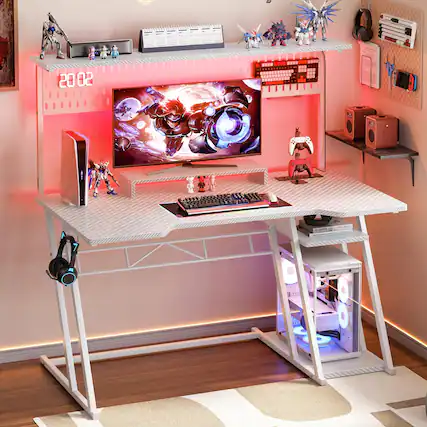 Front. Aheaplus - 47" Reversible Gaming Desk with Power Outlets, LED Lights, Hutch and Pegboard - White.