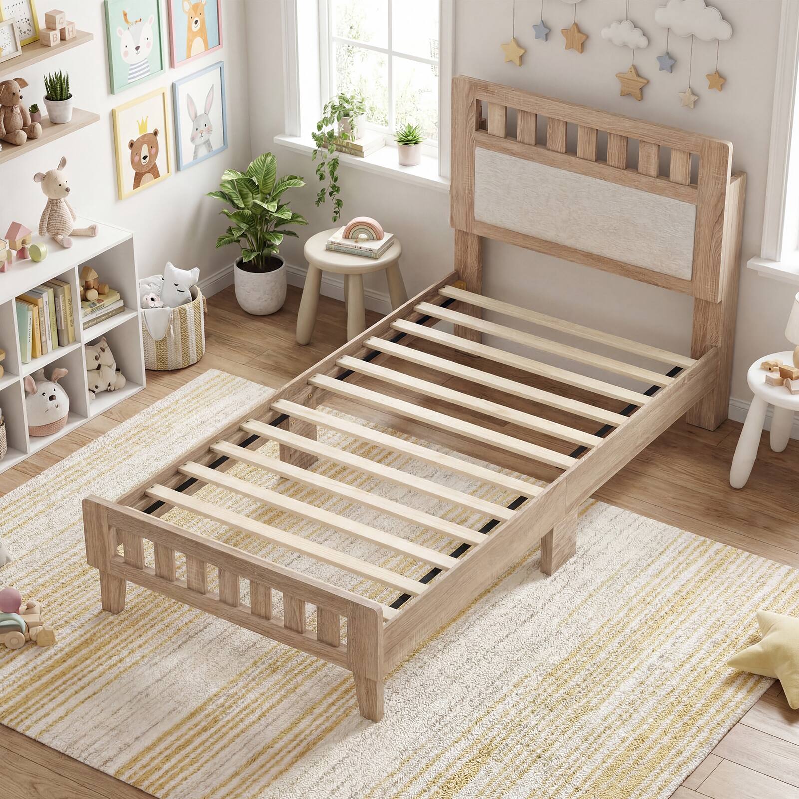 Alt View 1. Gymax - Gymax Twin Wood Bed Frame w/Upholstered Headboard No Box Spring Needed Rustic Oak & Beige - Yellow.