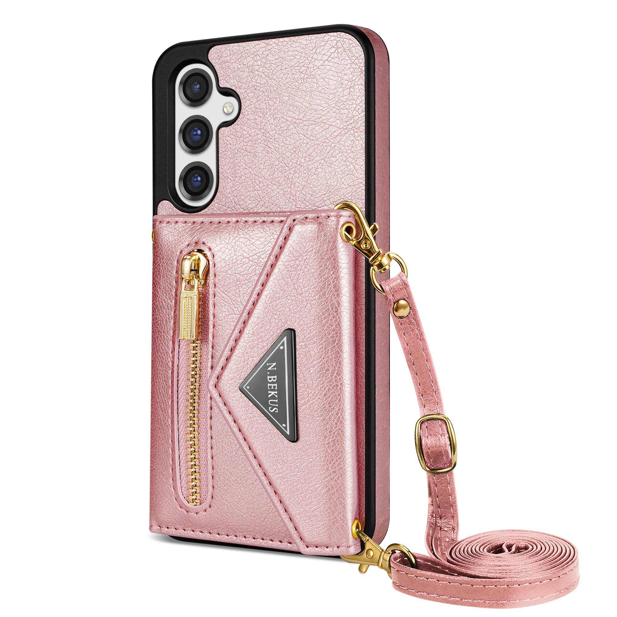 Alt View 7. Dteck - Crossbody Wallet Case for Samsung Galaxy S26, Shockproof PU Leather Stand Cover with Zipper Pocket and Card Slots - Pink.