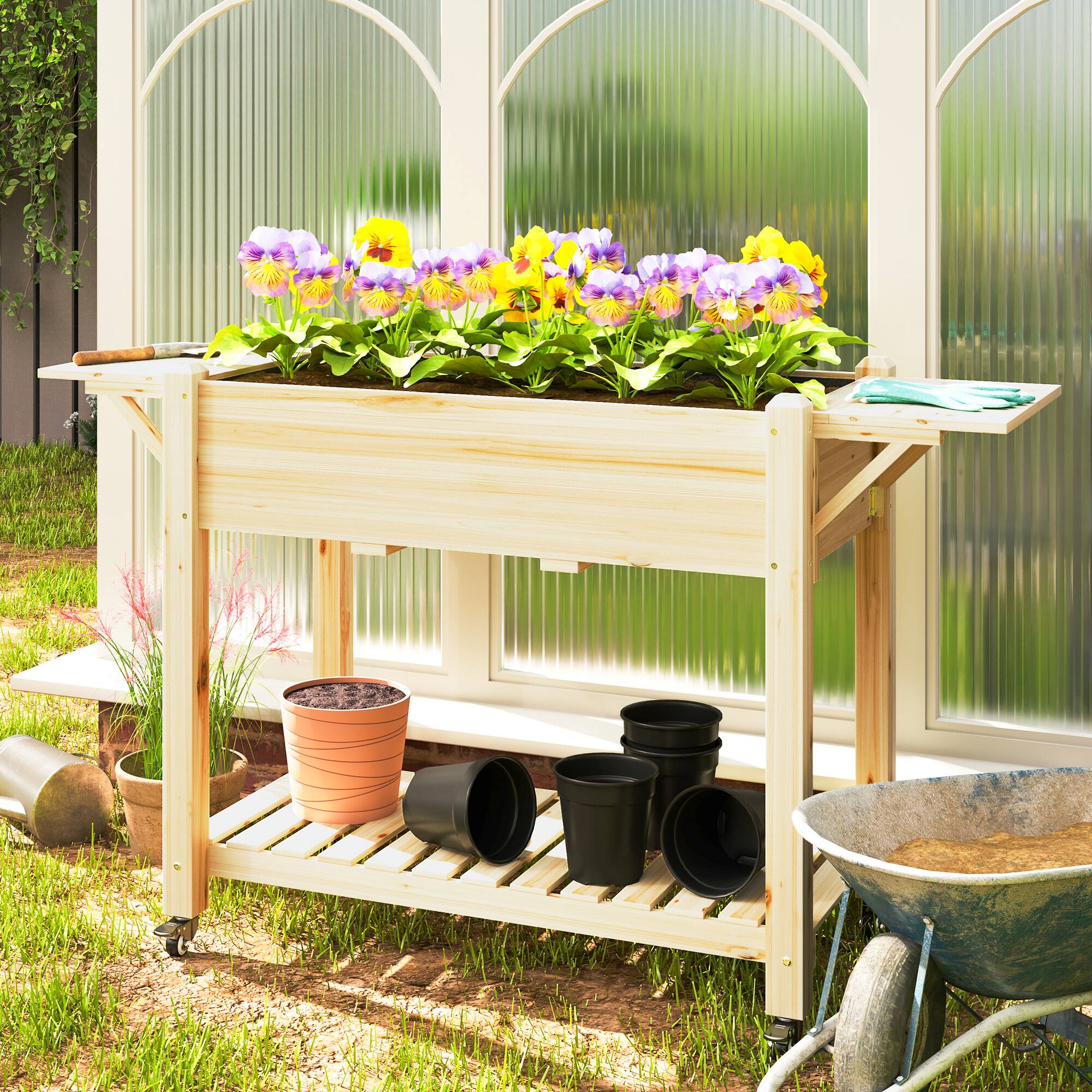 Alt View 1. Outsunny - Raised Garden Bed, 57 x 20.5 x 34 in Wood Elevated Planter Box with Lockable Wheels, Side Tables and Bottom Shelf - Natural Wood.